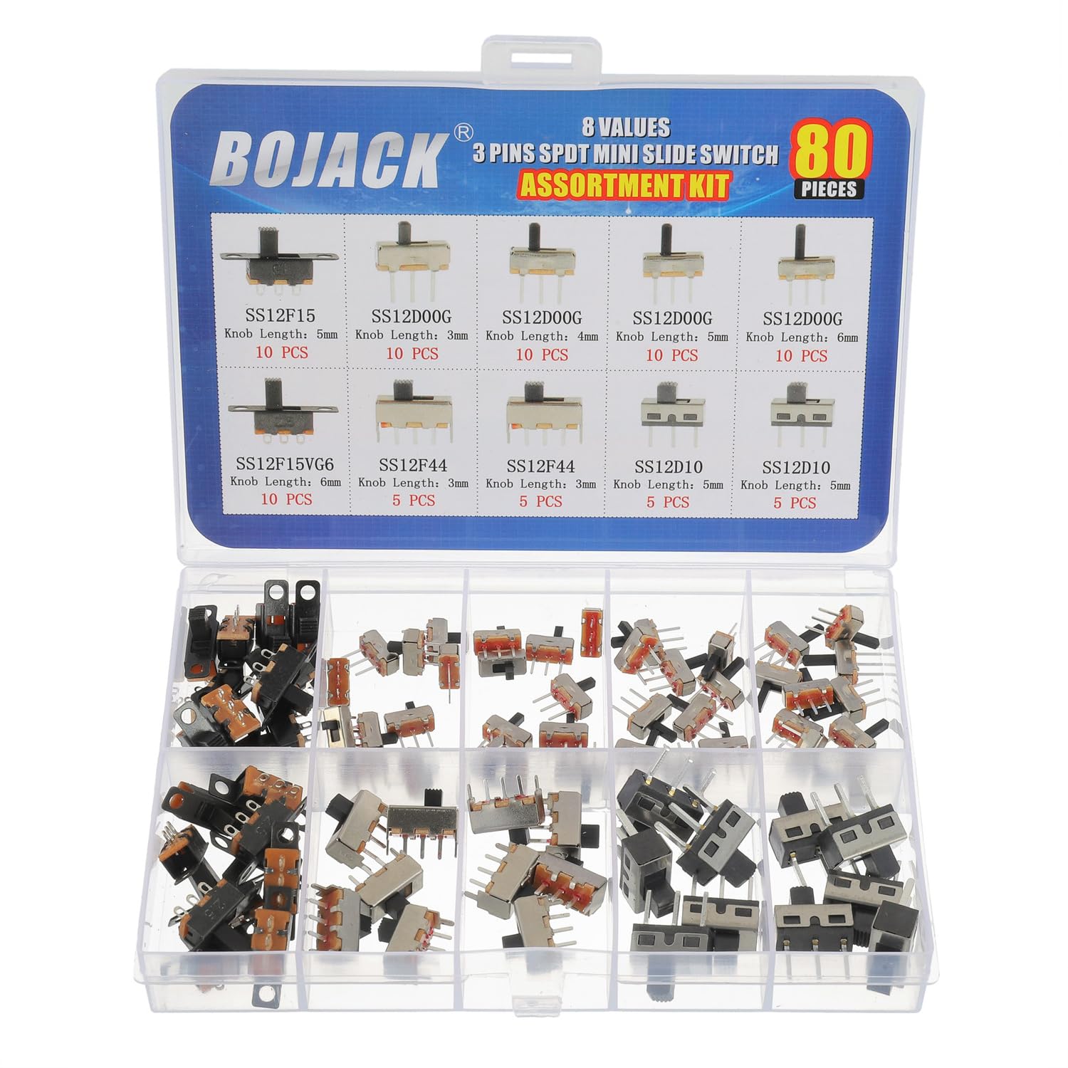 BOJACK 8Values 80Pcs Slide Switch Set SPDT Mini Micro Slide Switches