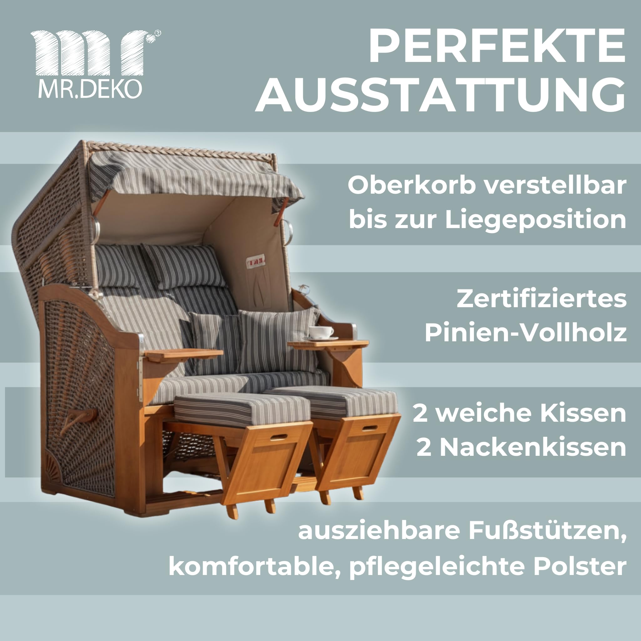 MR. DEKO Strandkorb 2 Sitzer Schleswig Pinie | wetterfeste Strandkörbe | Bereits montiert