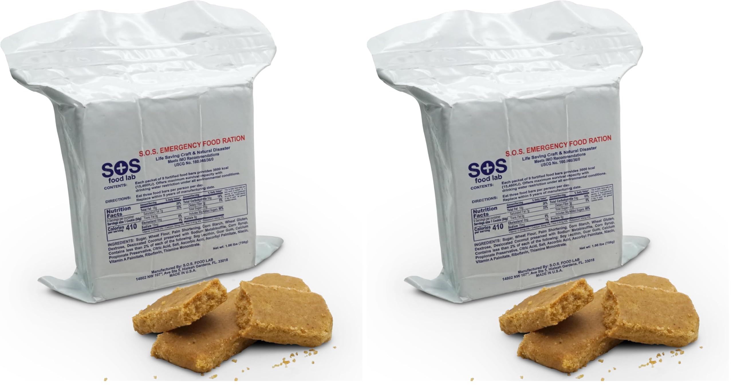 SOS Food Labs, Inc. 185000825 S.O.S. Rations Emergency 3600 Calorie Food bar - 3 Day/ 72 Hour Package with 5 Year Shelf Life, 5" Height, 2" Wide, 4.5" Length (Pack of 2)