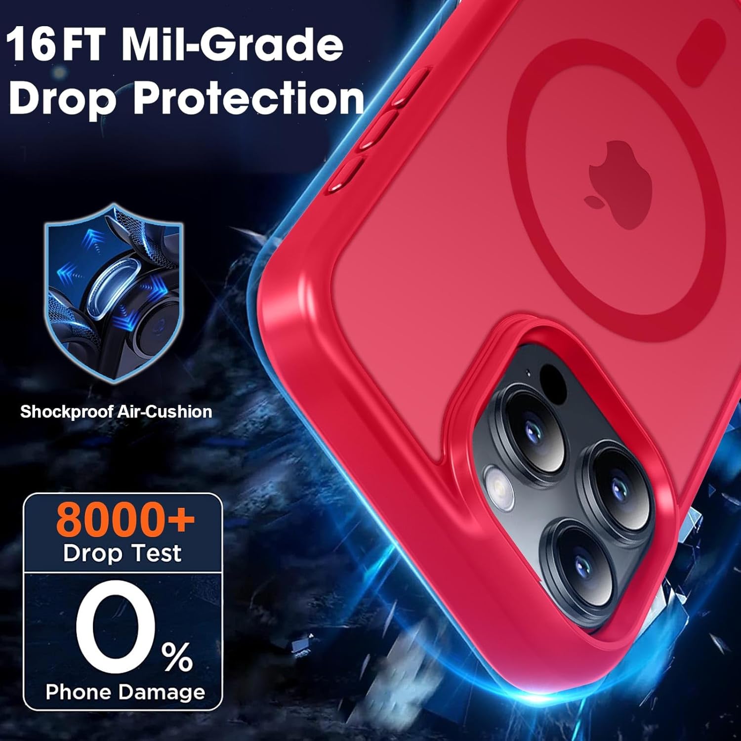 Diagram showing 16FT military-grade drop protection features