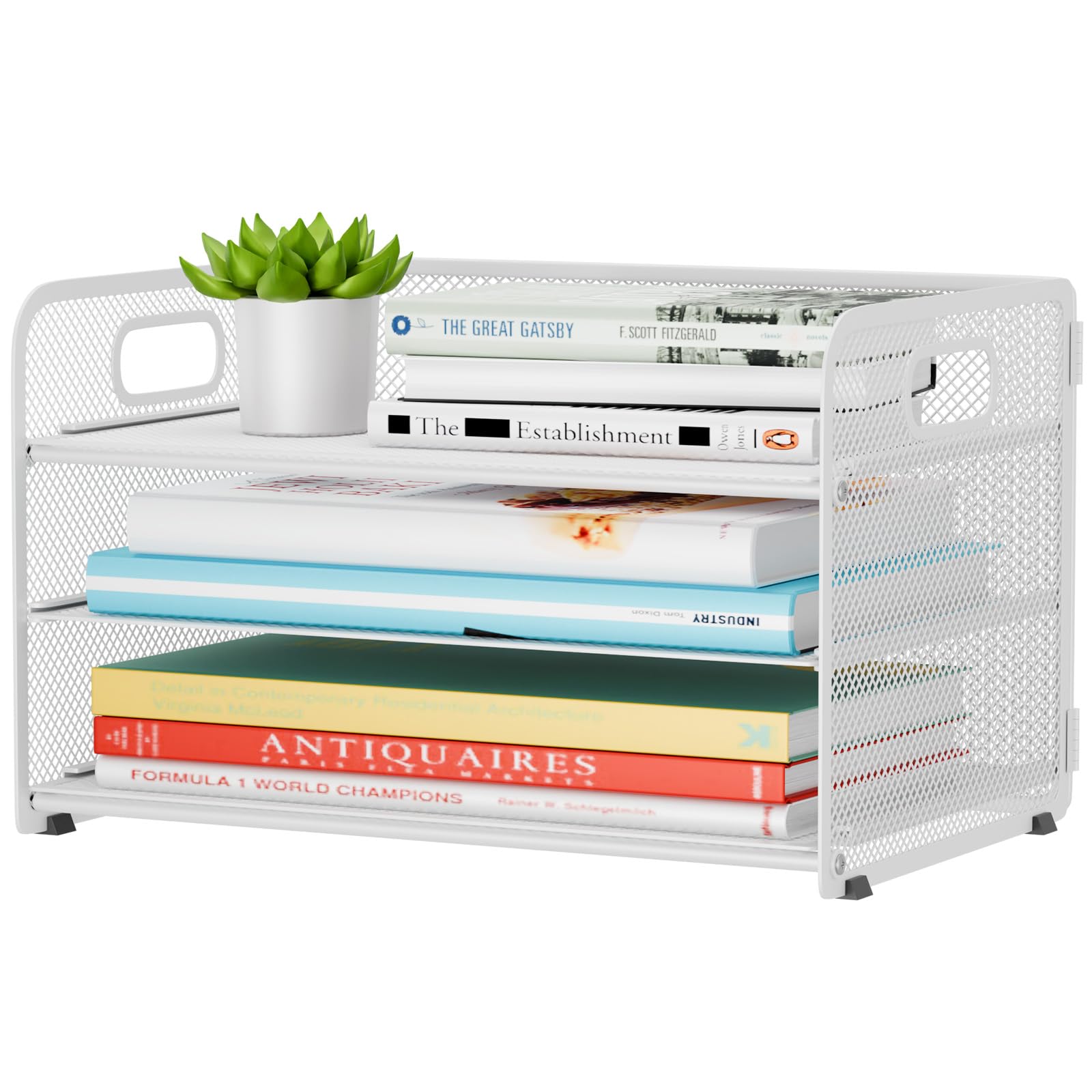3 Tier Paper Letter Tray Organizer for Desk, Mesh File Folder Document Organizer with Handle for Home Office Supplies Desktop Accessories, White