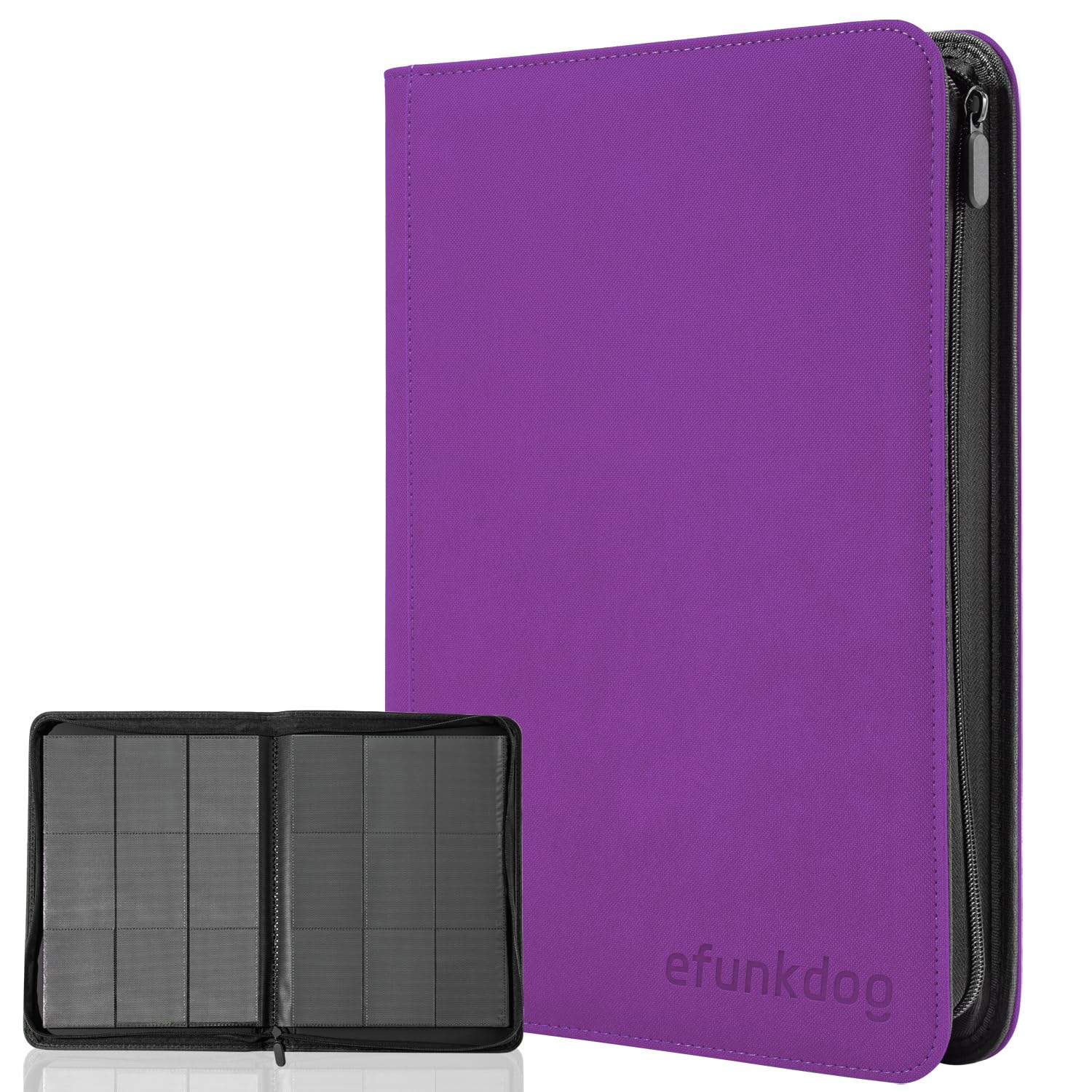 efunkdog Trading Card Binder, 9 Pockets Card Album Folder, 360 Side Loading Pocket PU Cover with Zipper Binder for TCG, Sport Cards (Purple)