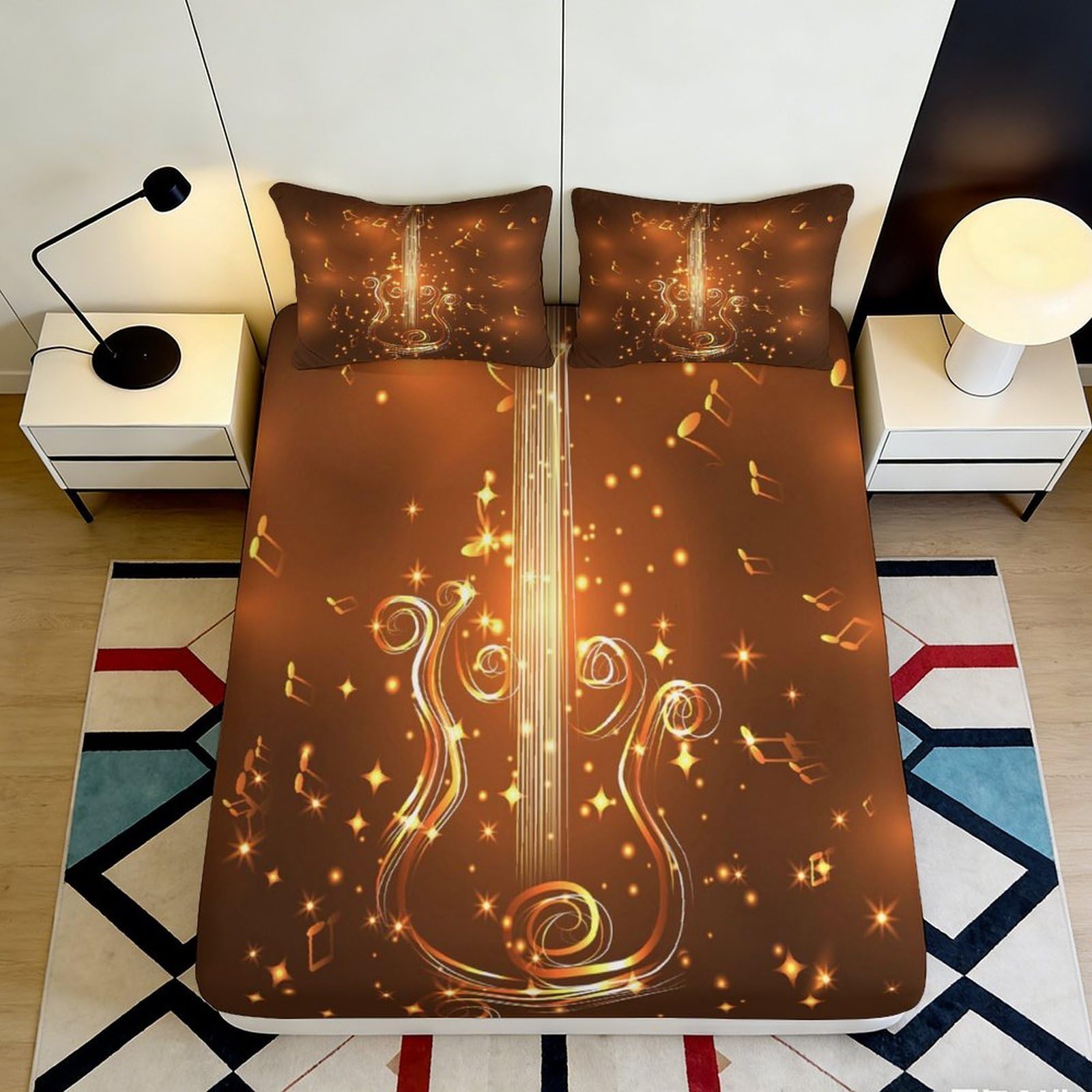 Jqzkxnhpbr Style-4 3D Printed Golden Violin Fitted Sheet Microfiber Soft Brown Artistic Music Bed Cover For Bedroom Dorm Decor 90X200x25cm