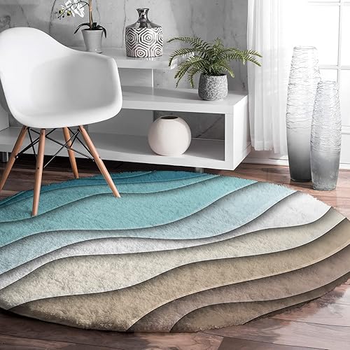 Alfombra de área con rayas degradadas, color degradado, color turquesa, marrón, crema, alfombra redonda, esponjosa, suave, geométrica, disponible en Yaxa Colombia