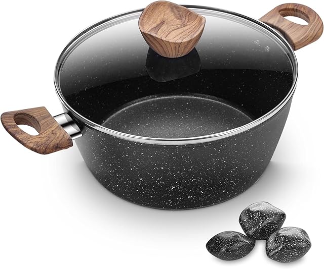 24cm Stockpot with Toughened Glass Lid, Non-Stick Stock Pot with Double Heatproof Handles, 6-Layer Anti-Scratch Coating, PFOA Free (Black)