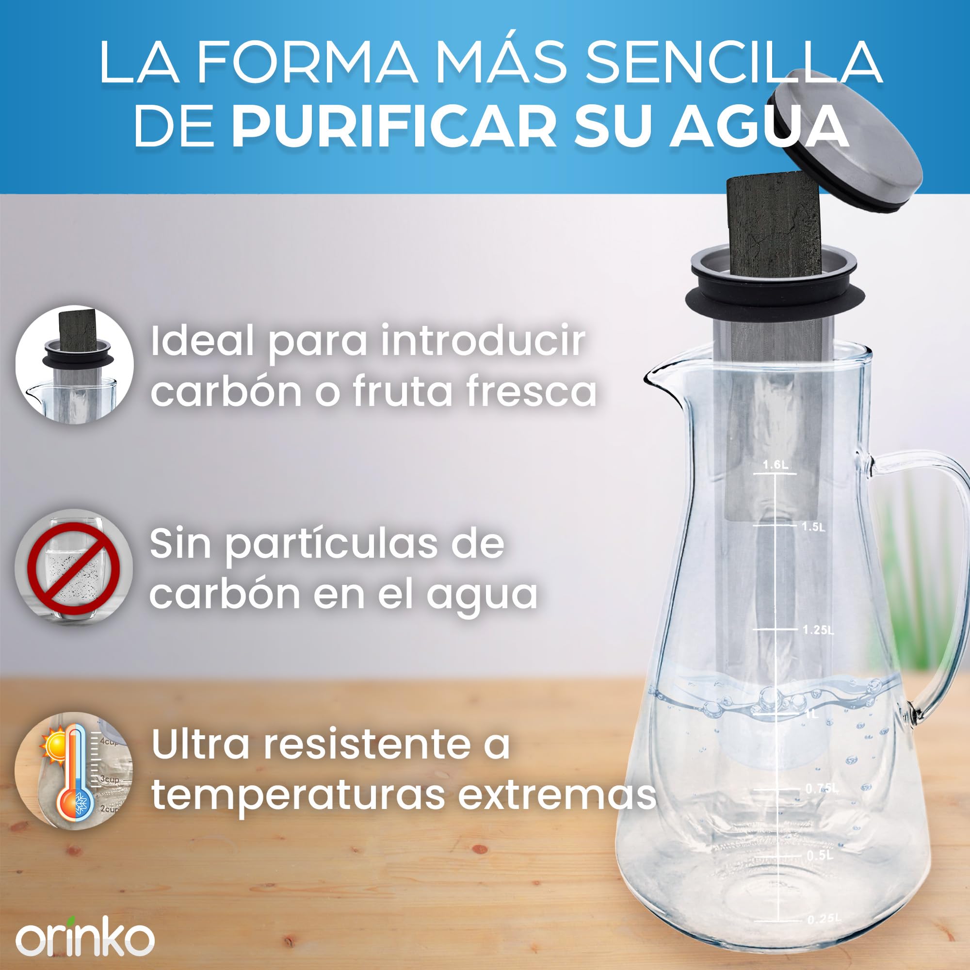 ORINKO Jarra filtrante de cristal 1,6 L + carbón Takesumi japonés x2 - carbón activado vegetal para purificación natural agua - filtración natural potente 2,5 L/palo - bambú japonés auténtico