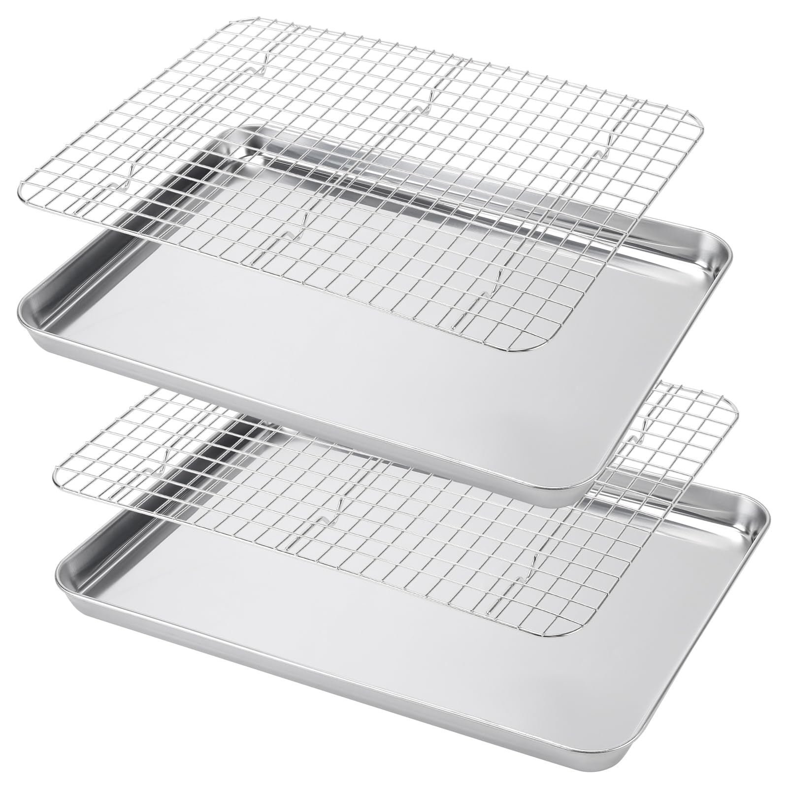 Teglia da Forno Rettangolare in Acciaio Inox con Griglia di Raffreddamento, Set 4 Pezzi (2 Teglie e 2 Griglie), 40,5 x 30,5 x 2,5 cm, Lavabile in Lavastoviglie