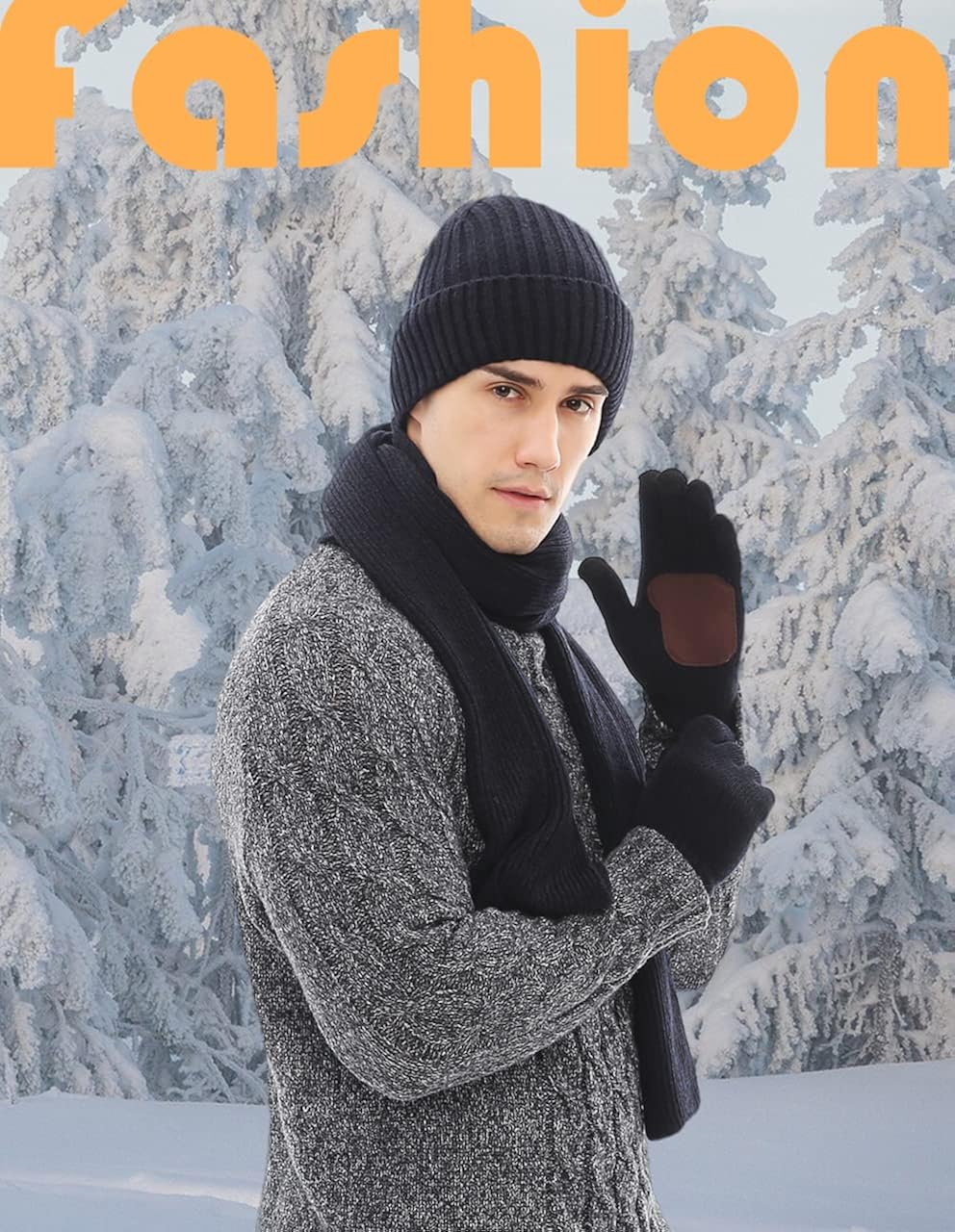 Miniatura 5 de JTJFIT 3 piezas en 1 gorro de punto cálido para invierno bufanda larga y guantes para pantalla táctil con forro polar de punto para hombre