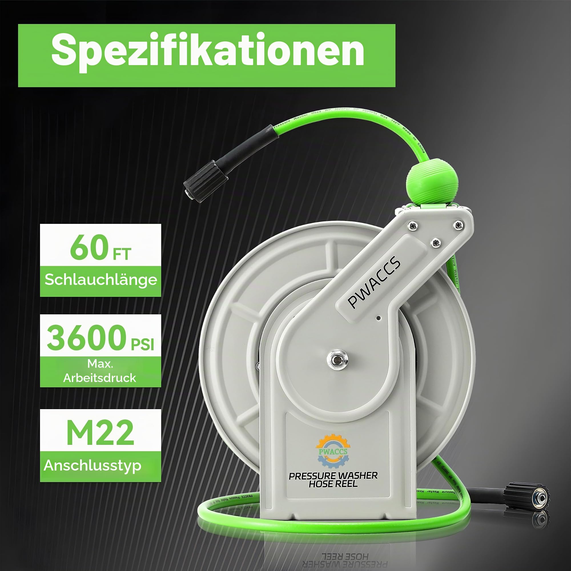 PWACCS Einziehbare Hochdruckreiniger-Schlauchtrommel, 0,6 cm x 18,3 m, robuste Hochdruckreiniger-Schlauchtrommel, Hochdruckrolle, automatische Rückwicklung, Wand-/Bodenmontage, 3600 PSI
