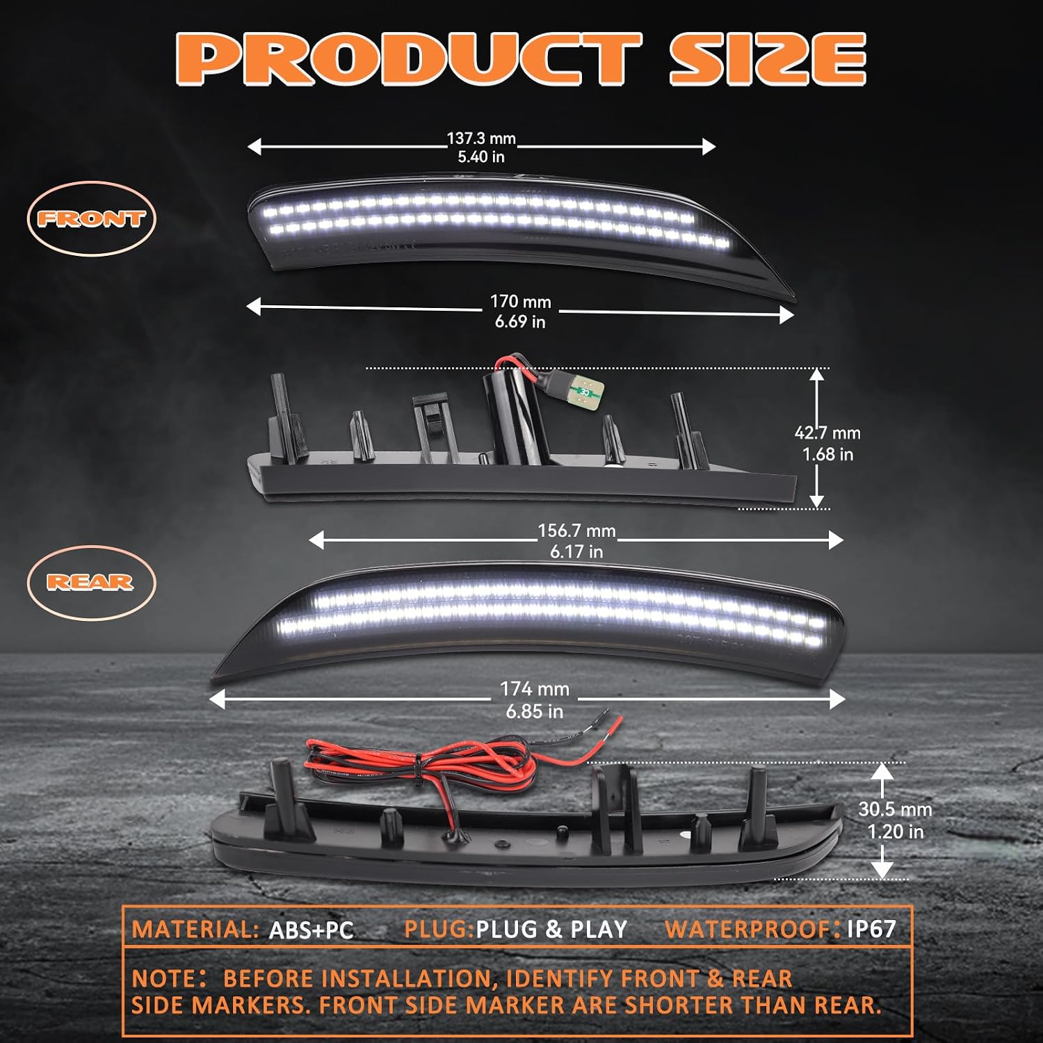Side Marker Lights Compatible with Chrysler 200 Sedan 2015 2016 2017 LED Smoked Lens, White Side Marker Lamps, Front & Rear Bumper 4PCS