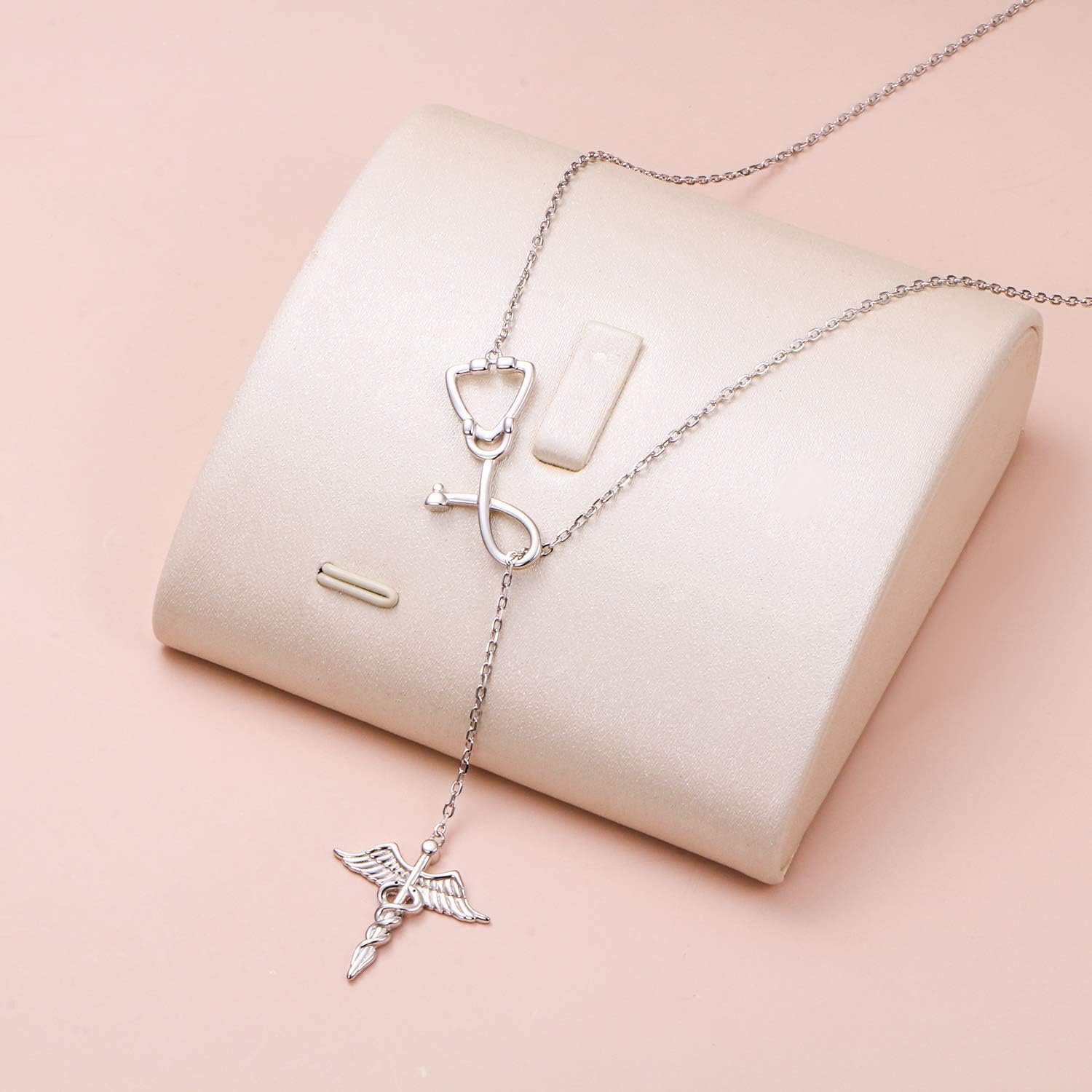 FLYOW 925 Sterling Silver Medicine Themed Stethoscope Pendant Caduceus Lariat Necklace for Women Doctor Nurse Med School Graduation Gift Birthday Gifts