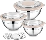 E-far Mixing Bowls Set of 5, Stainless Steel Salad Mixing Bowl with Transparent Lid, Metal Nesting Bowl Attach with 3 Graters for Kitchen Prepping/Serving/Baking/Storage, 4.6/2.6/1.5/1/0.7 QT - Khaki