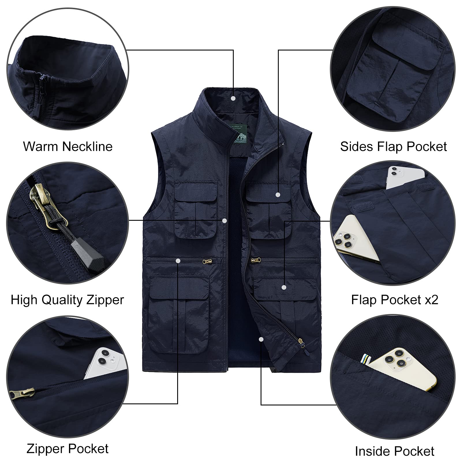 Panegy Casual Gilet de Pêche Homme Veste Reporter Zippé Poche à Rabat Manteau Sans Manches Séchage Rapide Gilet Chasse Randonnée Travail Quotidien Photographe Outdoor