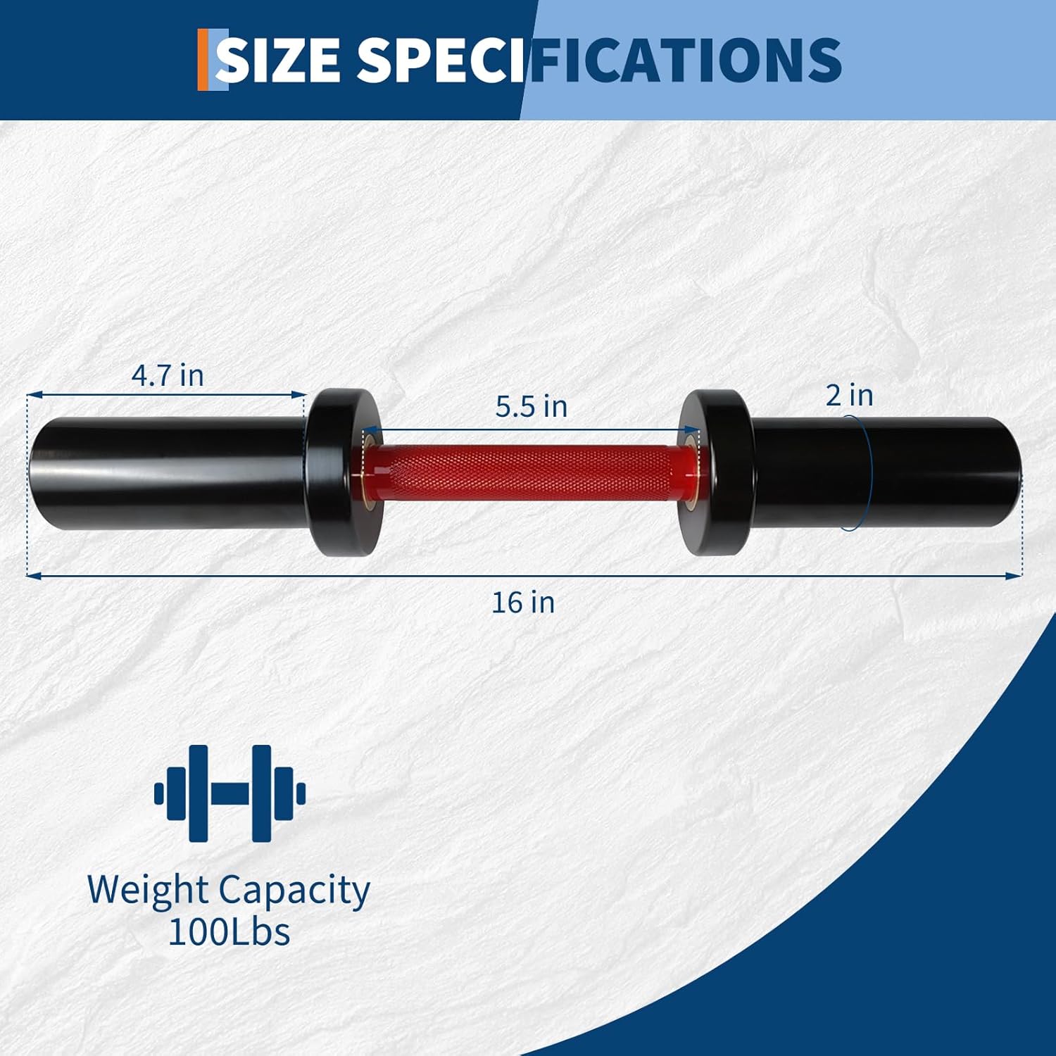 16 Inch Dumbbell Bar Handles (2-Pack) - Heavy Duty Solid Steel Loadable Bars w/Rotating Sleeves & Knurled Grips, 100LB Capacity, 2" Plate Compatible + 4 Spring Collars - Home Gym Strength Training