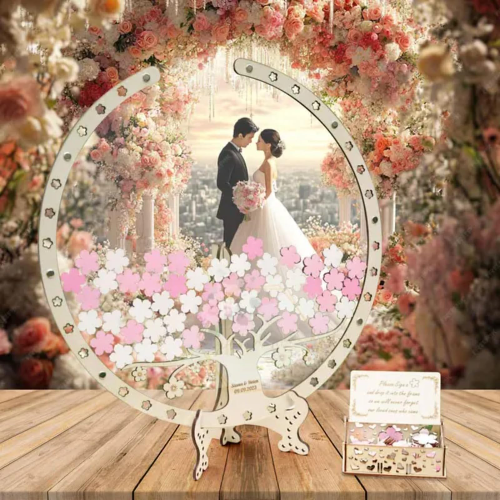 Hochzeitsgästebuch-Alternative, Holzbaum-Gästebuch, Rezeption, Schreibtisch, alternative Hochzeitsbox, personalisiertes Hochzeitsschild für Geburtstage, Jubiläen (25 x 25 cm Blätter)