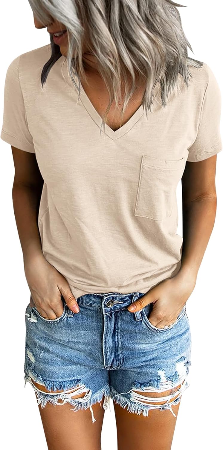 PGANDS Womens Short Sleeve V Neck T Shirts Basic Pocketed Tee Summer Tops