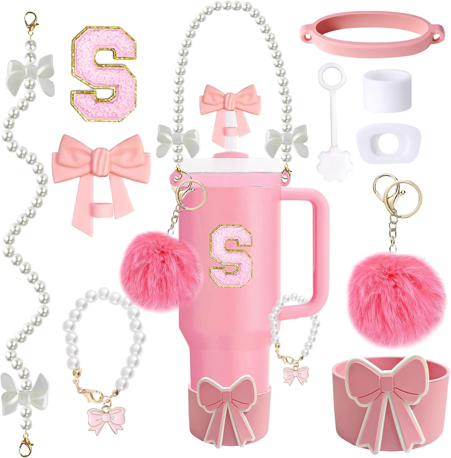 10PCS Water Glasses Cup Accessories Set for 30oz 40oz Tumbler, Includes Bow-Pearl Strap, Straw Toppers& Boot, Cute Charms, Letter Sticker, Spill Proof Stoppers, no cup (pink-10, S)
