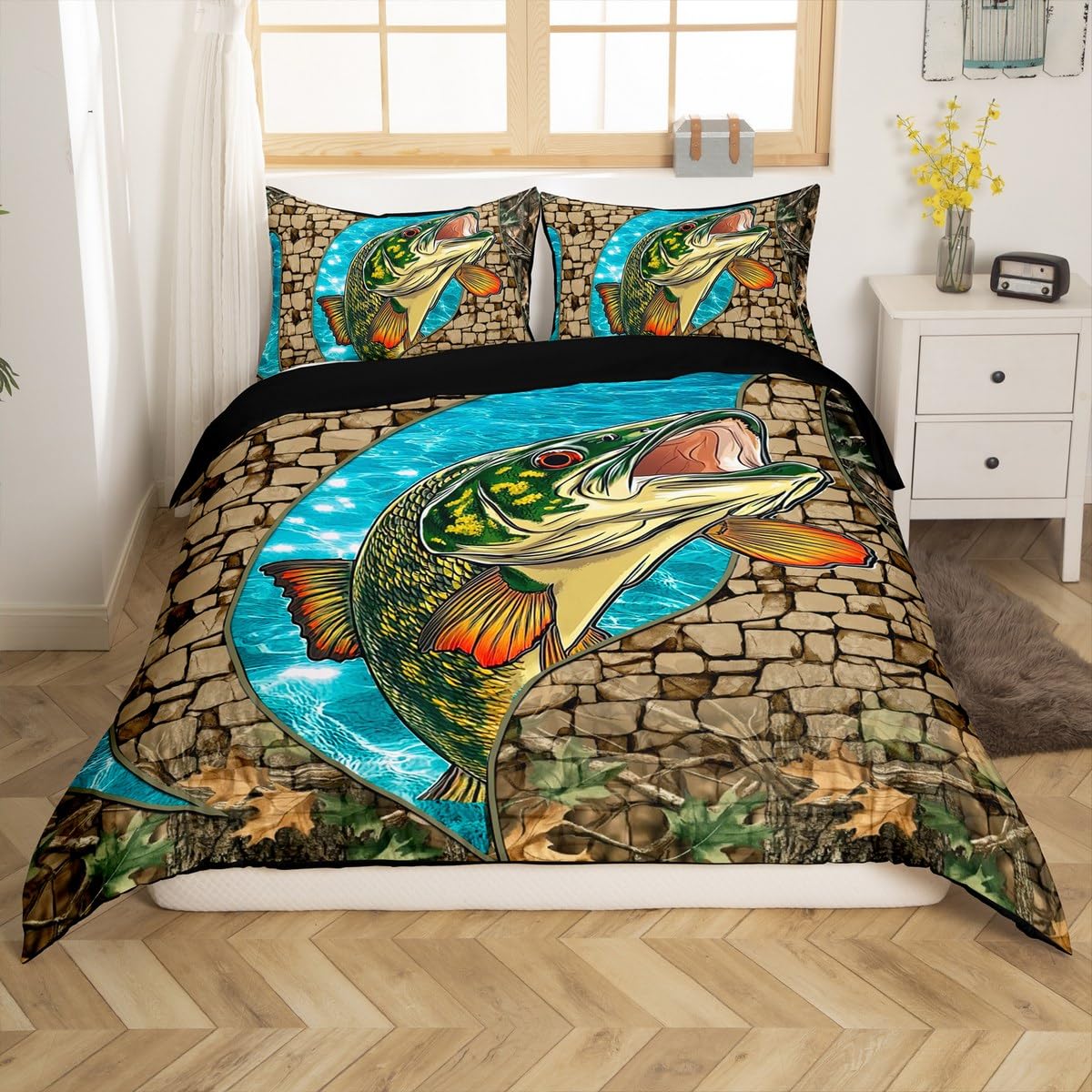 jejeloiu Big Bass Fish Bedding Set Rustic Farmhouse Duvet Cover Set for Kids Boys Girls Ocean Sea Animal Comforter Cover Underwater Animals Quilt Cover Bedroom Collection 2Pcs Toddler,No Comforter