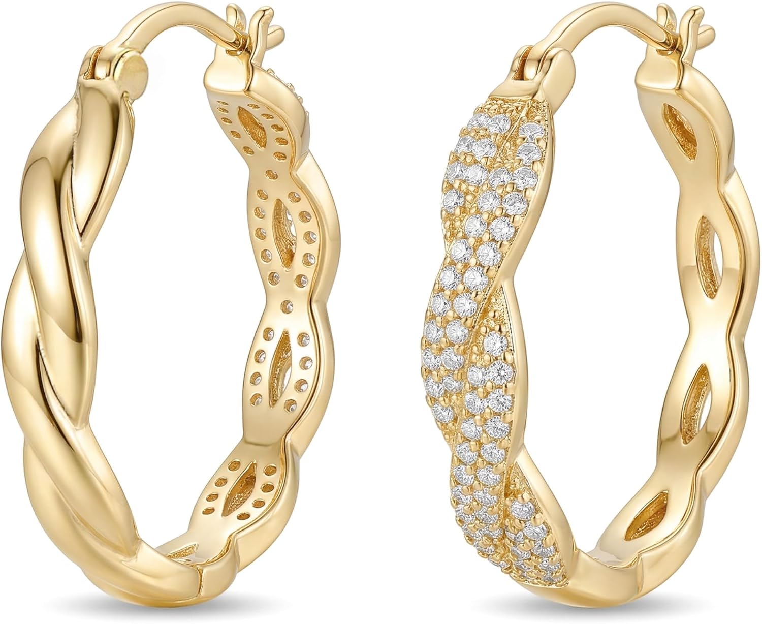 14K Yellow Gold Hoop Earrings for Women, Large Twisted Hinged Hoops with Paved Diamond Sparkly CZ Earring Jewelry, 4mm *29mm
