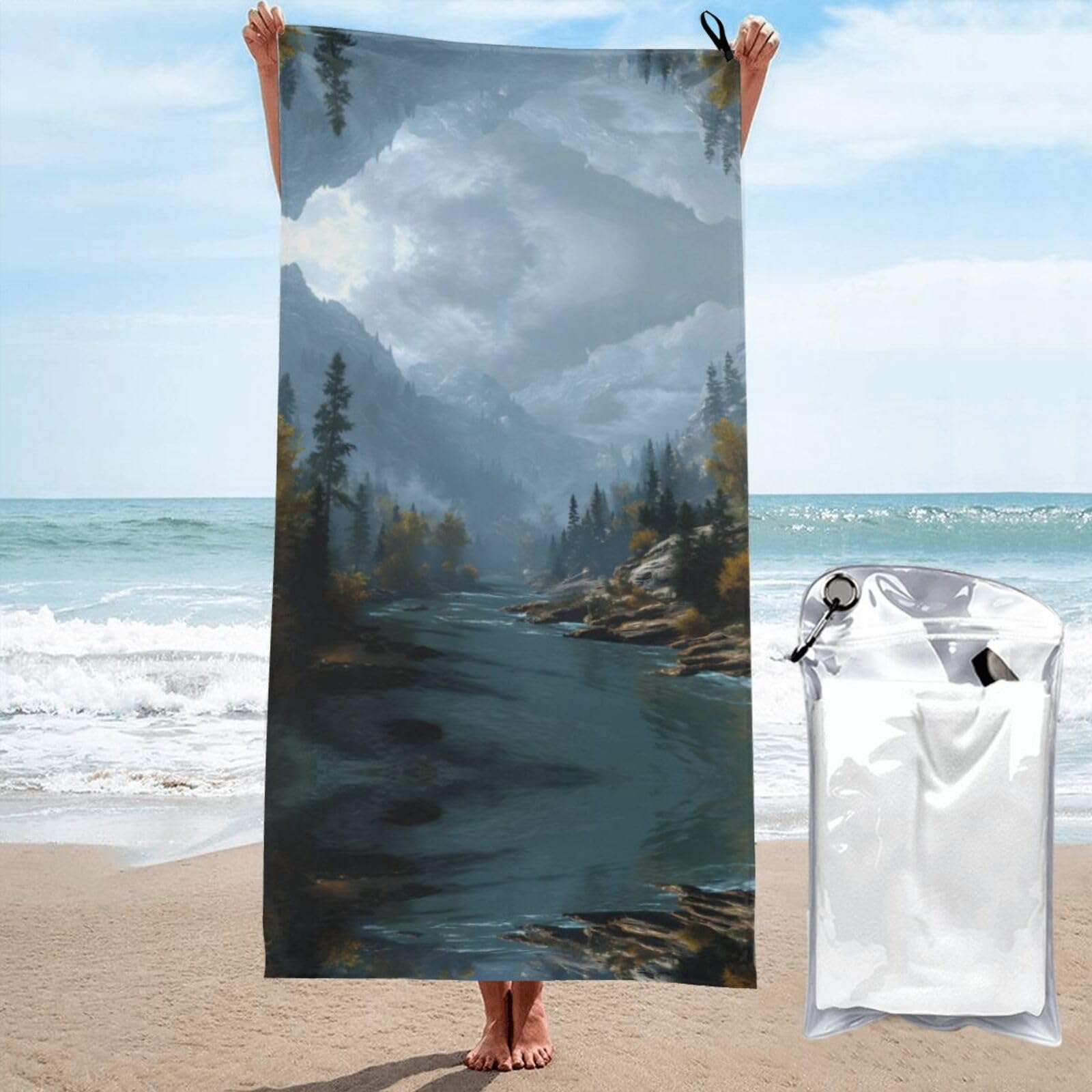 ESNAIUVCD River Print Beach Towel, Microfibre Sauna Towel, Quick-Drying Fitness Towel, Lightweight And Thin Portable Sauna Towel