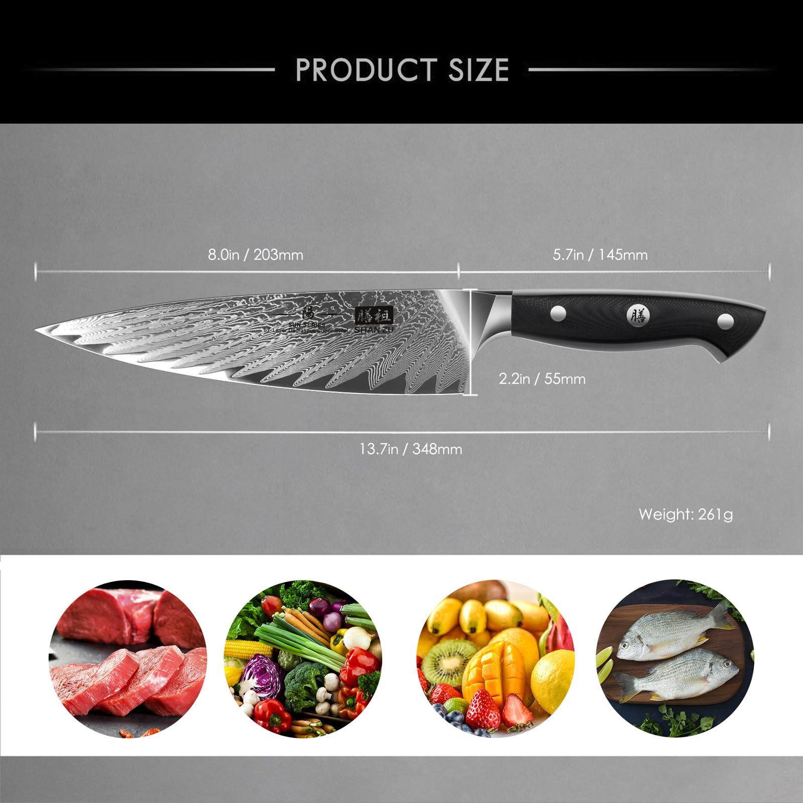 SHAN ZU Couteau de Cuisine Damas 20cm, Couteau de Chef Profesional en Acier Japonais AUS-10 à 67 Couches, Couteau Japonais avec Poignée Ergonomique G10 pour Coupe Viande, Légumes, Fruits