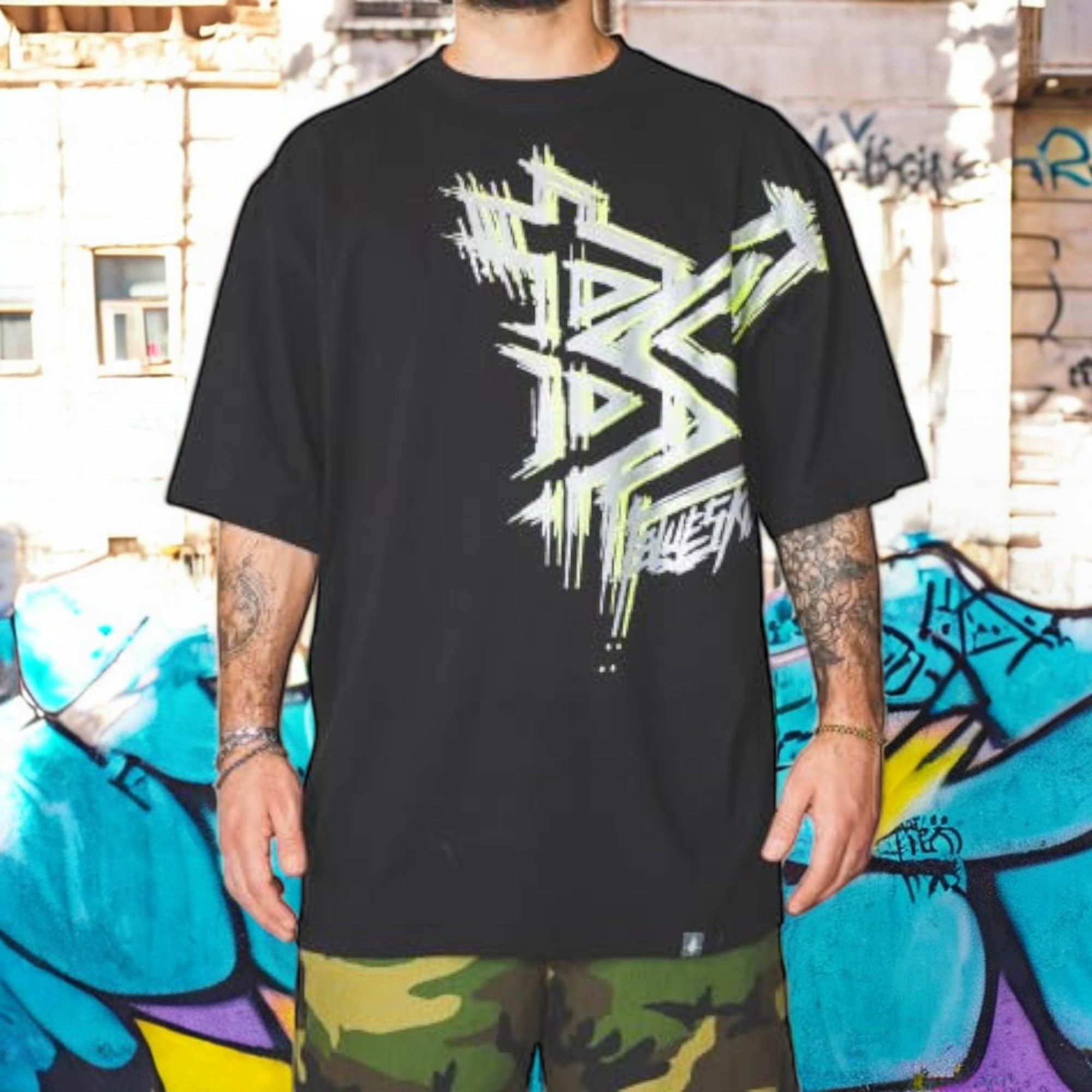 Camiseta estilo Skater y Hip Hop para liberar la auténtica autenticidad Baggy nuevo modelo Double Rugged plata neón y negro