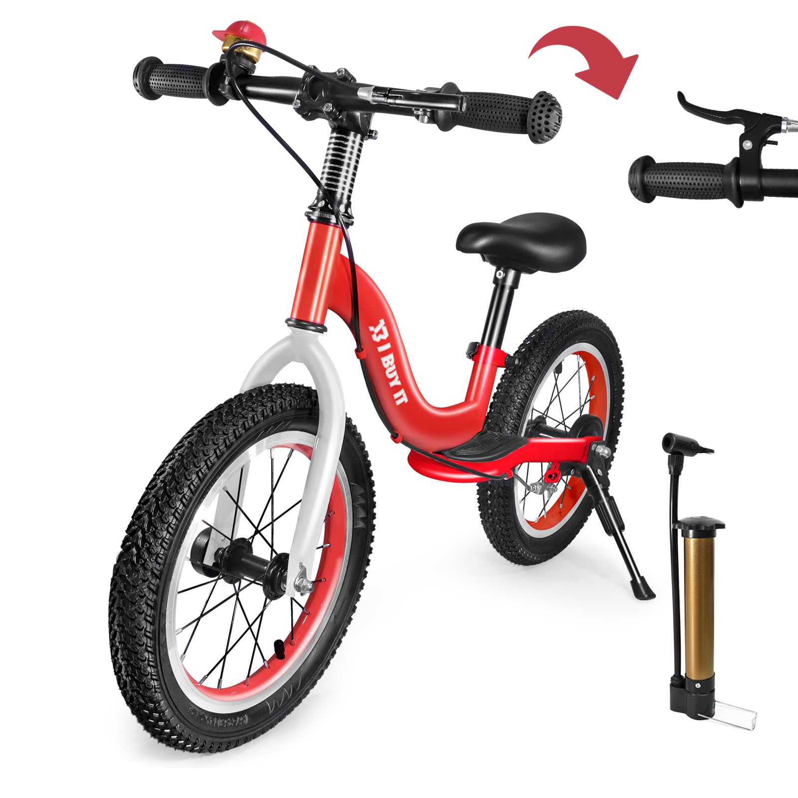 16 Inch Balance Bike for 3 4 5 6 7 Year Old Boys Girls, Adjustable Kids Balance Bike with Brake and Kickstand, No Padel Training Bicycle with Rubber Air Tyres, Footrest (Red & White, 16 inch)