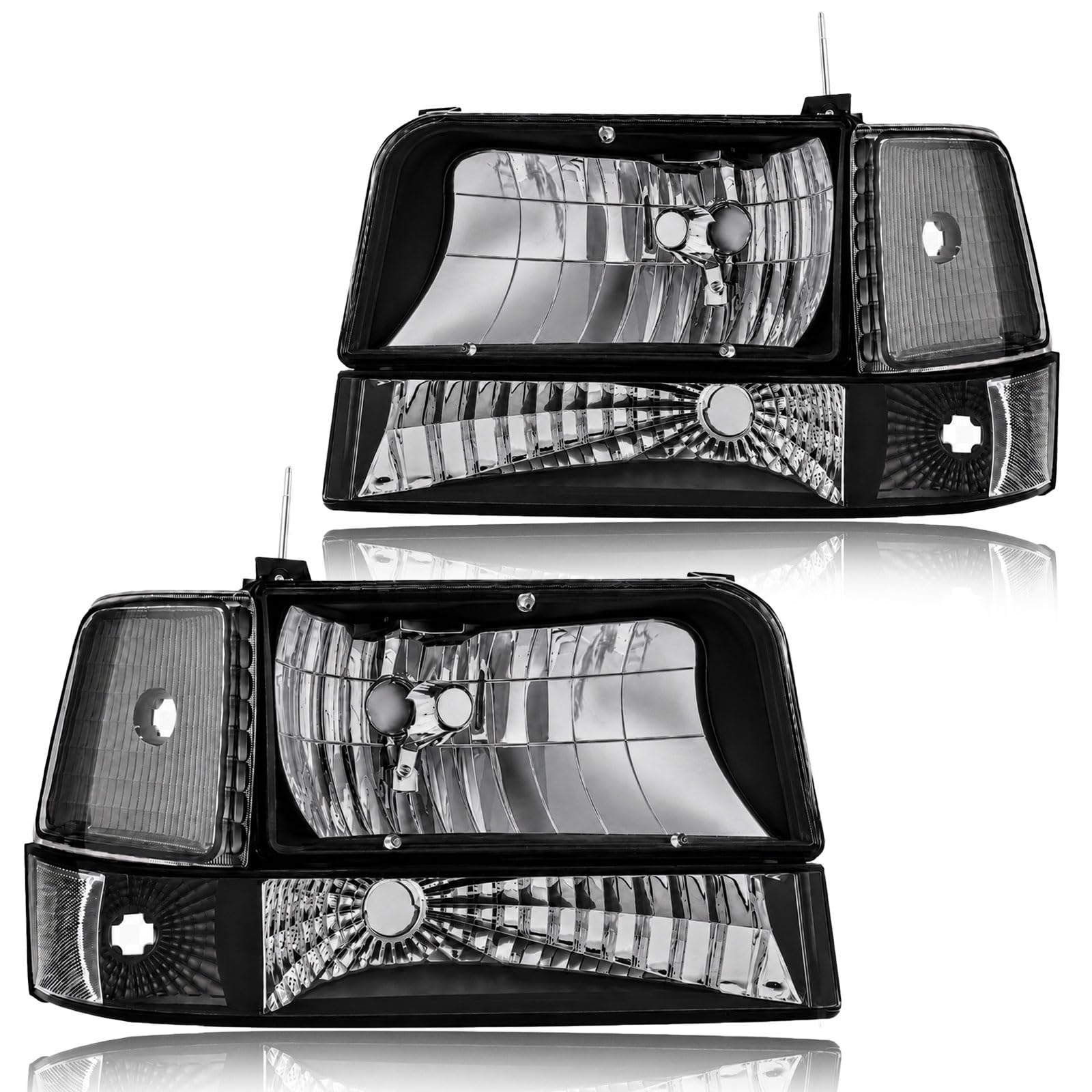 Headlight Assembly for 1992-1996 Ford F150 F250 F350/1992-1996 Bronco Driver Left &amp; Passenger Right Side Replacement Bumper Lamp Set Black Housing Clear Reflector