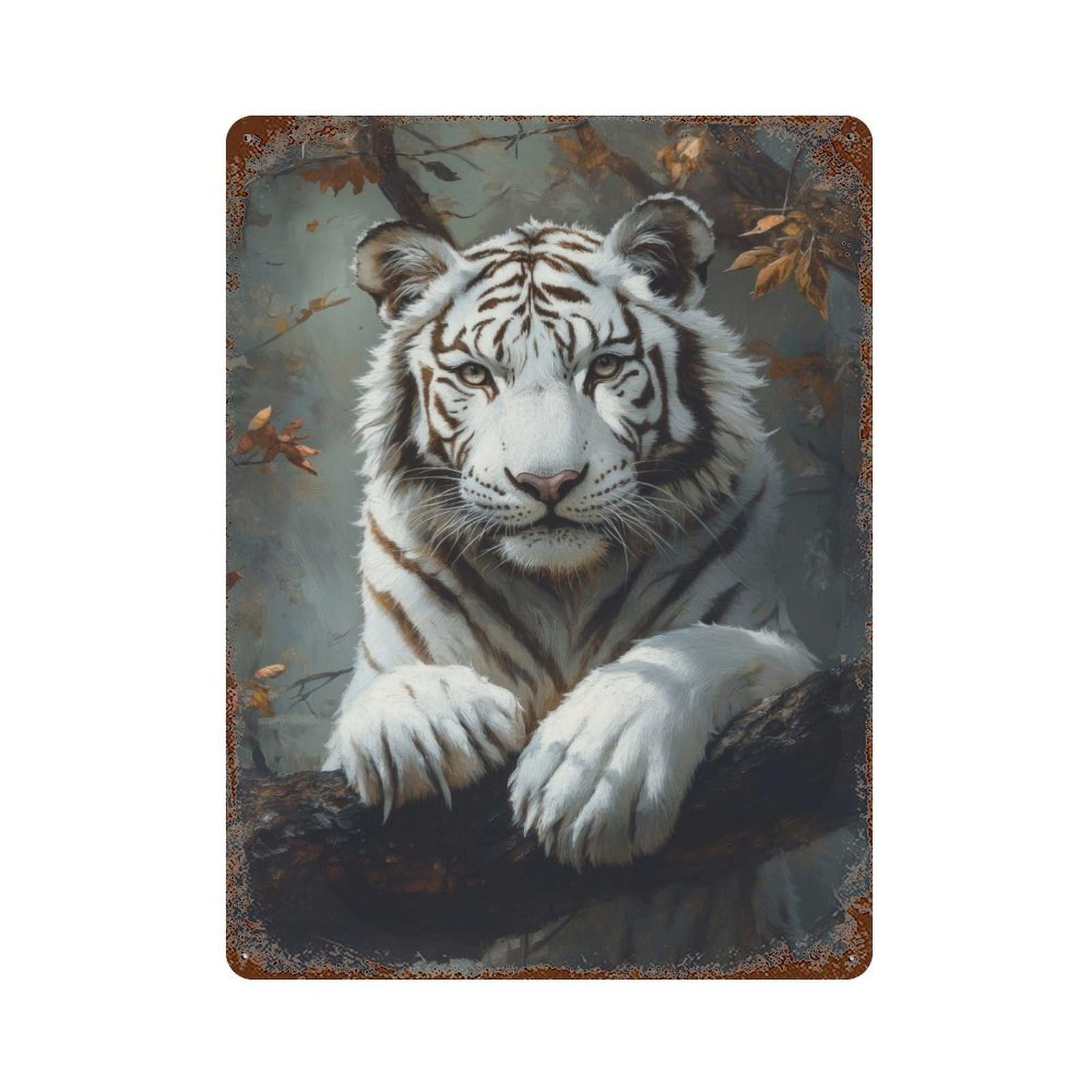 Rust Effect White Tiger in Autumn Vintage Rust Metal Sign 15.7"x11.8", Classic Wall Plaque for Shed, Workshop And Garage Wall Decor