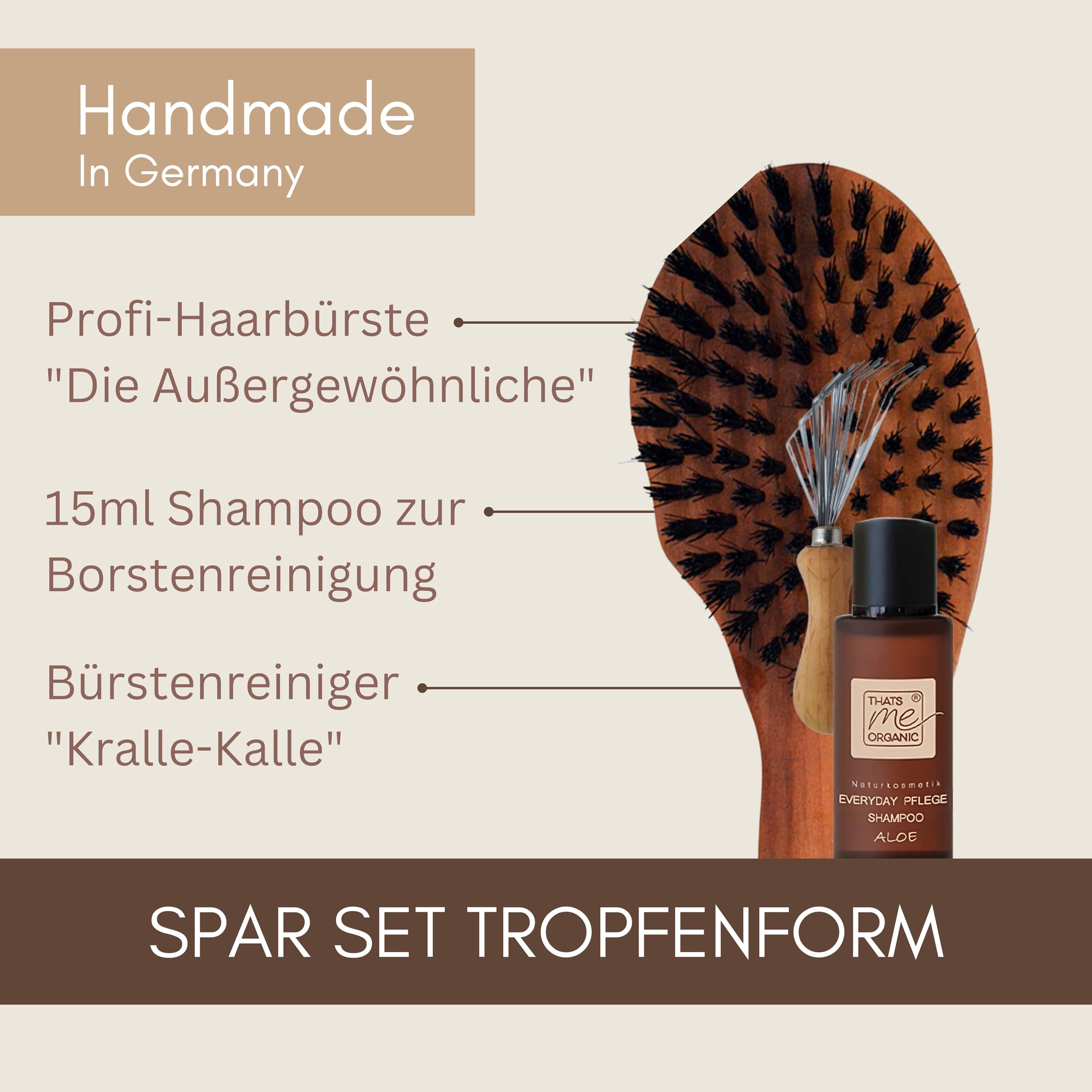 Thats me organic Spar Set Profi Tropfenform Haarbürste "Die Außergewöhnliche" + Bürstenreiniger + 20 ml Pflege-Shampoo – Sleek Bun Bürste, Haarbürstenreiniger und mildes Shampoo