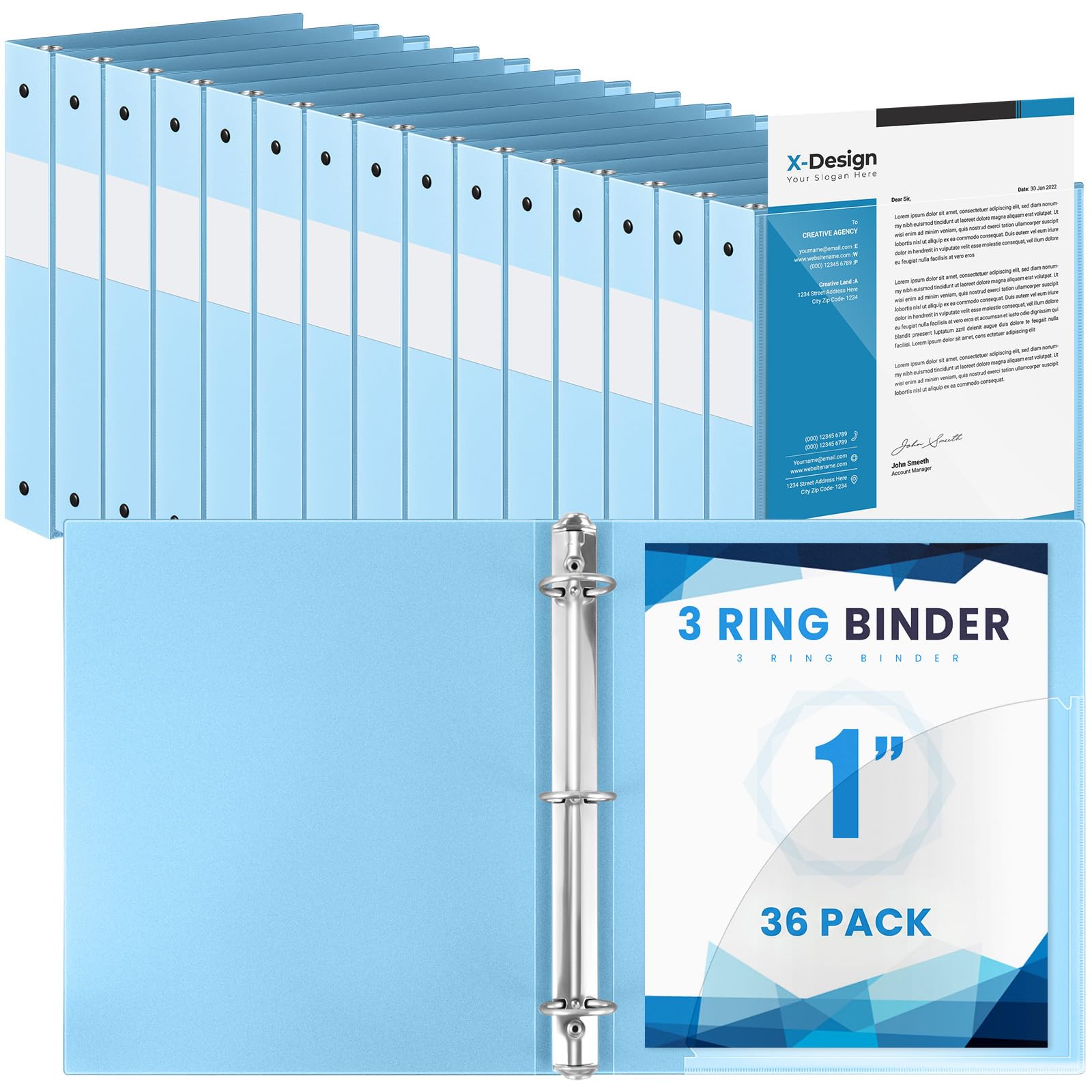 Henoyso 36 Pack 1 Inch 3 Ring Binder with Clear Cover Fit Letter Size 8.5" x 11" Paper Holds 240 Sheets, Bulk Binders for Organizing School, Office & Classroom Documents, 1 Pocket (Light Blue)