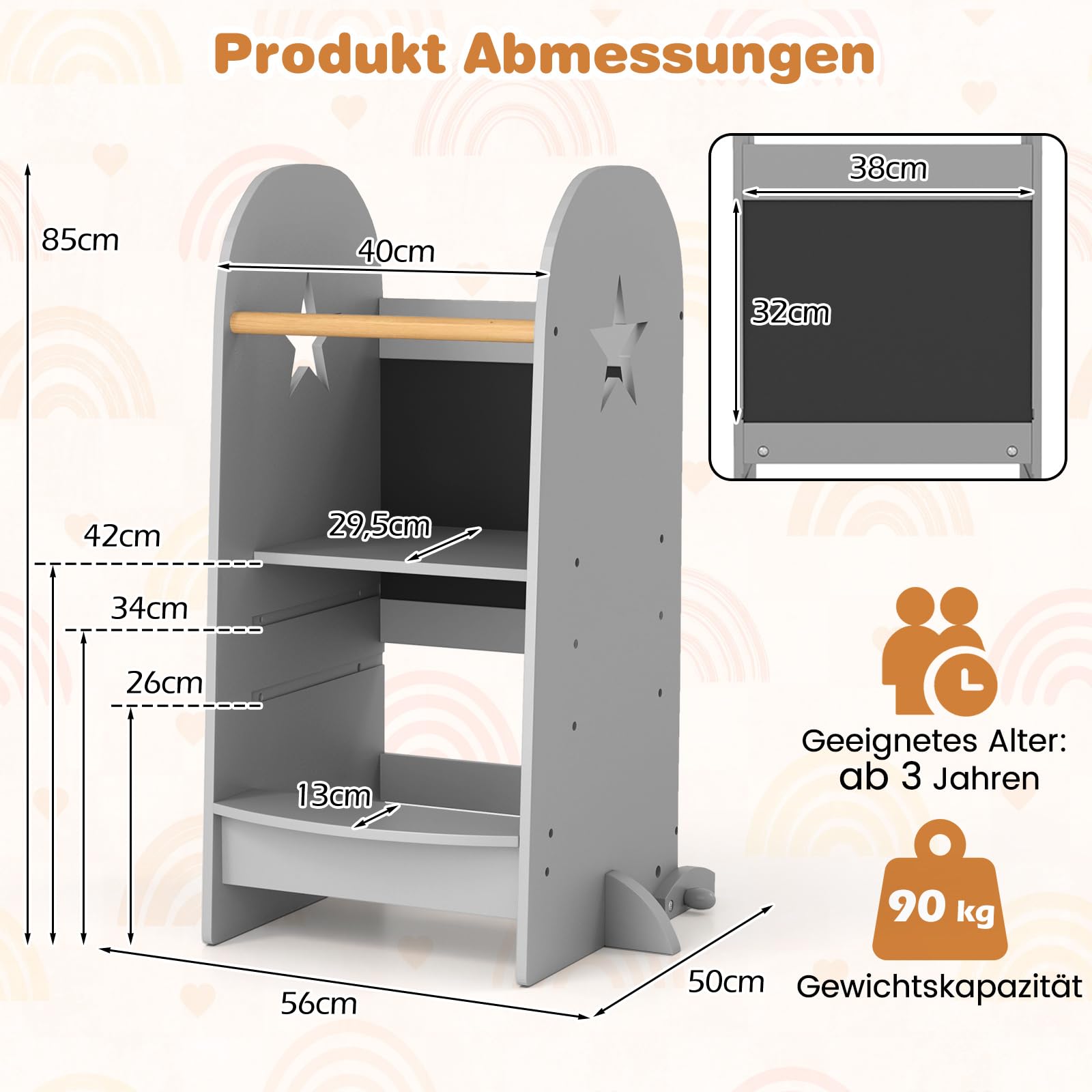 COSTWAY 3 in 1 Lernturm Kinder, Tritthocker mit 3 verstellbaren Höhen & doppelseitiger Tafel, Trittschemel Montessori, Küchenhelfer Lernstuhl für Kinder, 90 kg Belastbar, Grau