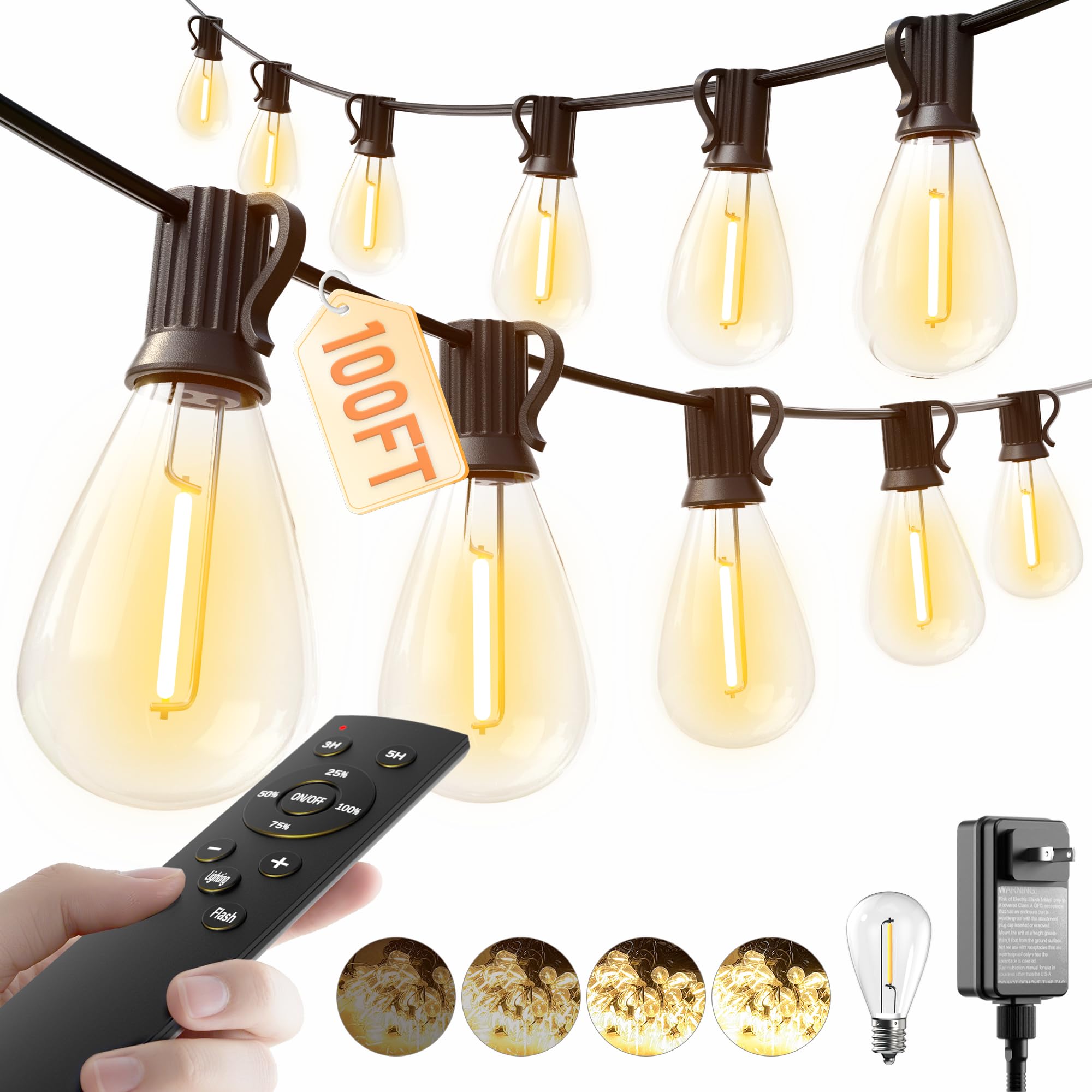 luckystyle 100FT LED Outdoor String Lights with Remote, 35+ 1