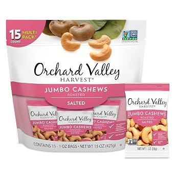Orchard Valley Harvest Jumbo Cashews, 1 oz Bags Pack of 15, Whole Roasted Salted Cashews, Gluten Free, No Artificial Colors or Flavors, Non-GMO*, Healthy Snack