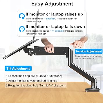 Laptop Stand Desk Mount, 2 in 1 Function, Gas Spring Arm Fits Max 17 Notebook and 32 Computer Screen, Single Monitor Mount with Laptop Tray, Holds up to 17.6lbs