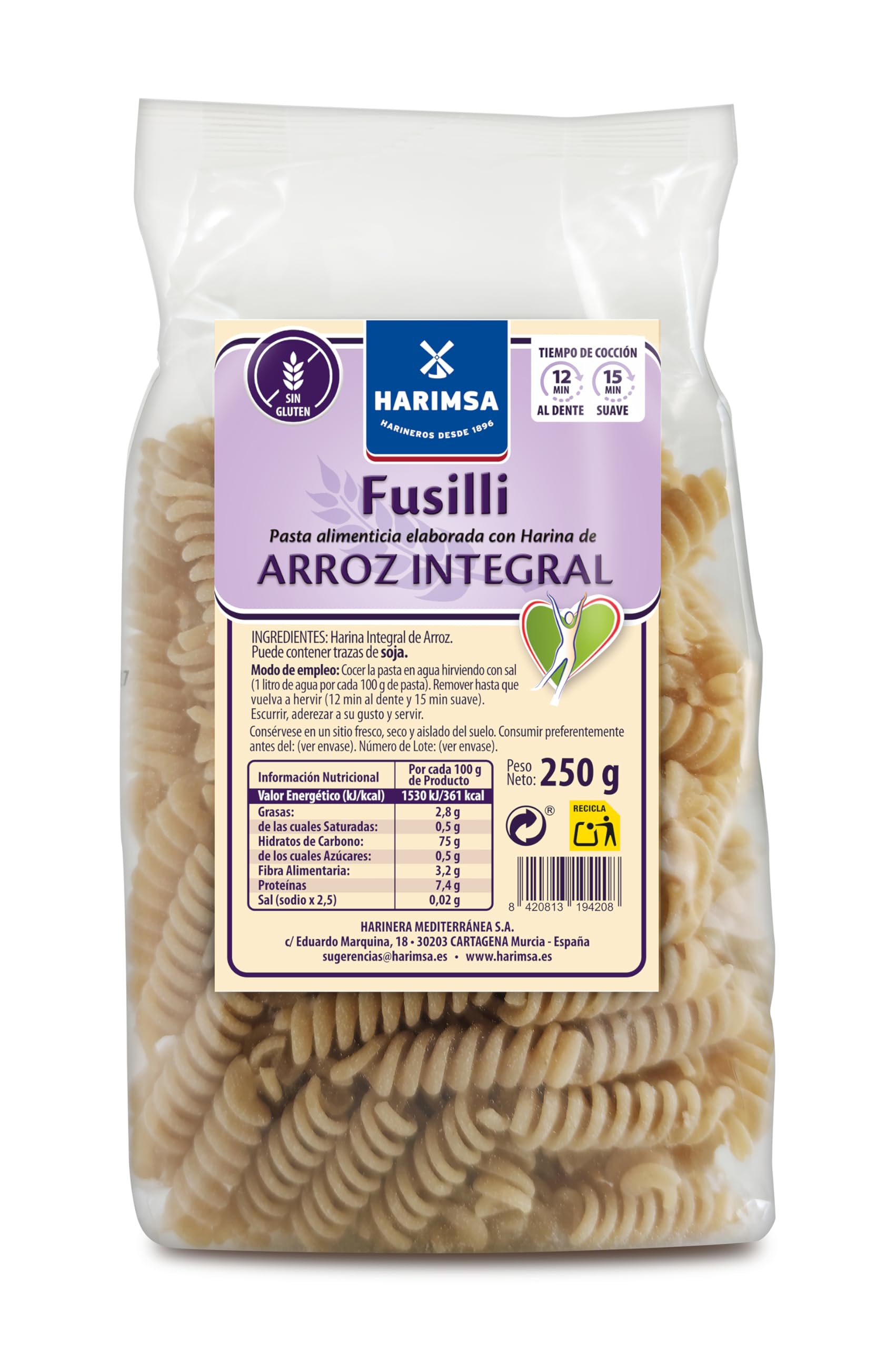 Pasta Fusilli de arroz integral sin gluten 250 g HARIMSA