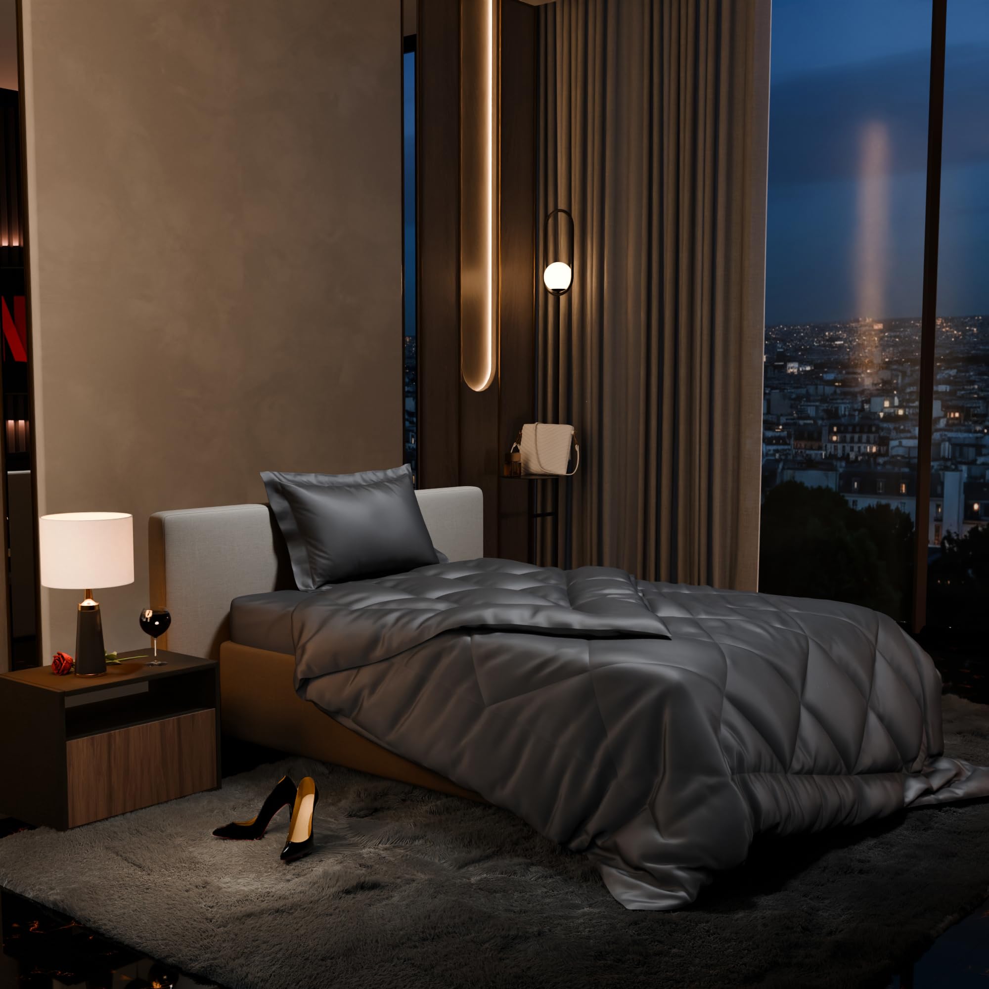 Stoa Paris Satin Comforter Set Single Bed with Satin Bedsheet & Pillow Covers, 300TC Complete Bedding Set, Ideal Gifts for Women, Couples, Bedroom Home Furnishing, Date Night - Twilight Embrace