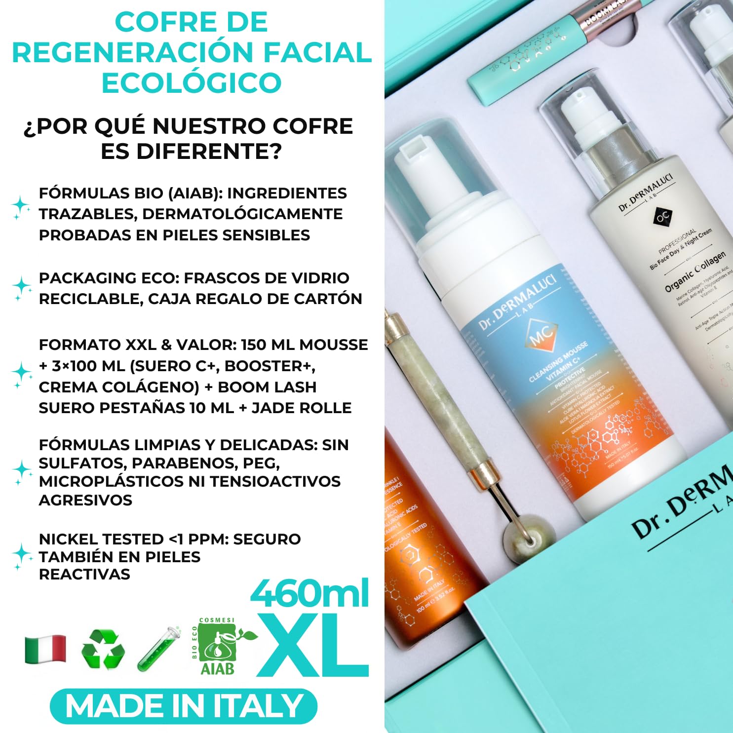 Dr. Dermaluci Lab - Set Regalo Mujer/Hombre Cumpleaños BIO 460ml - Antiarrugas, Iluminador - Mousse + Serum Vitamina C + Booster + Crema Colageno + Rodillo Jade + Serum Pestañas - Made in Italy