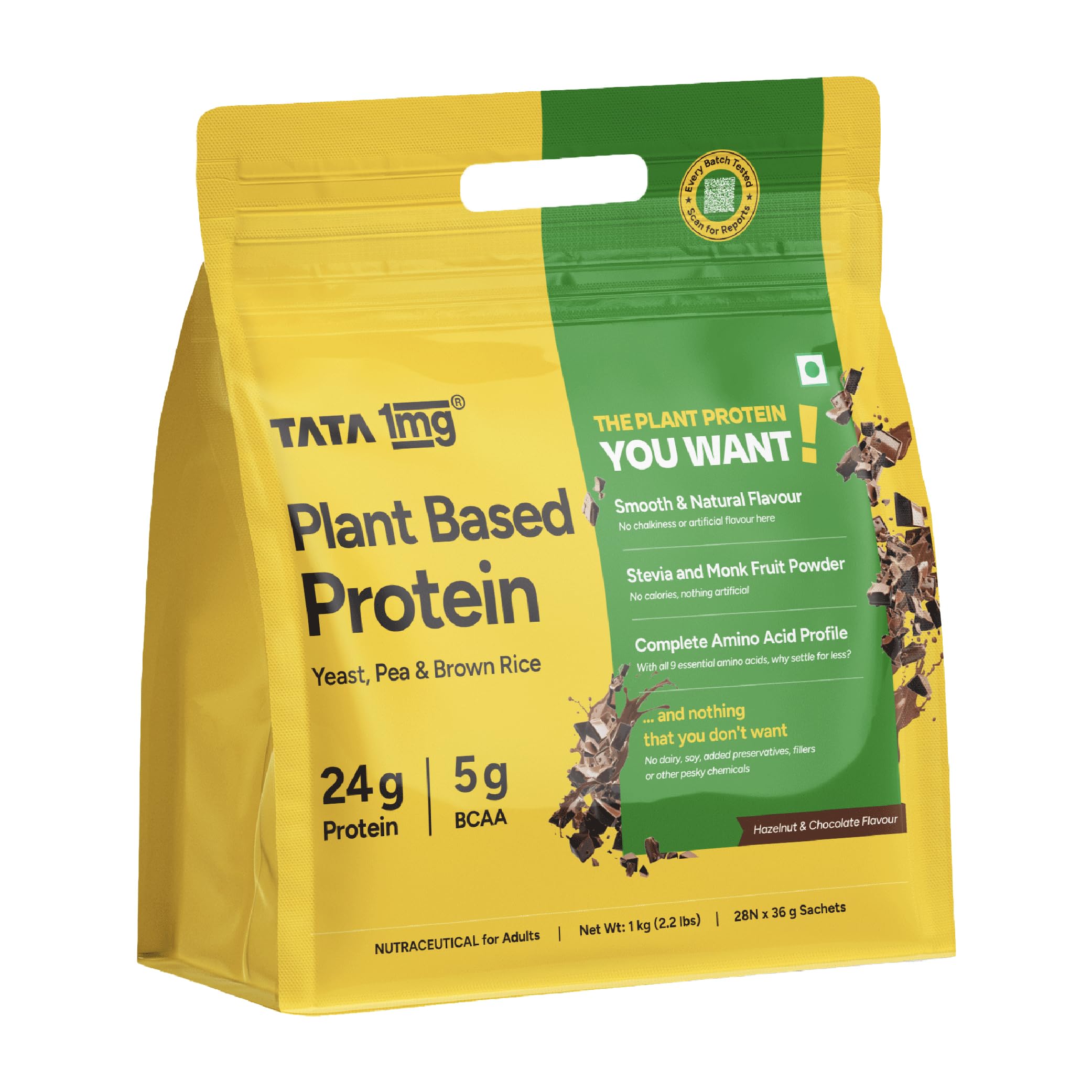 Tata 1mg Plant Protein – Hazelnut & Chocolate | 24g Protein | No Added Refined Sugar | 1kg
