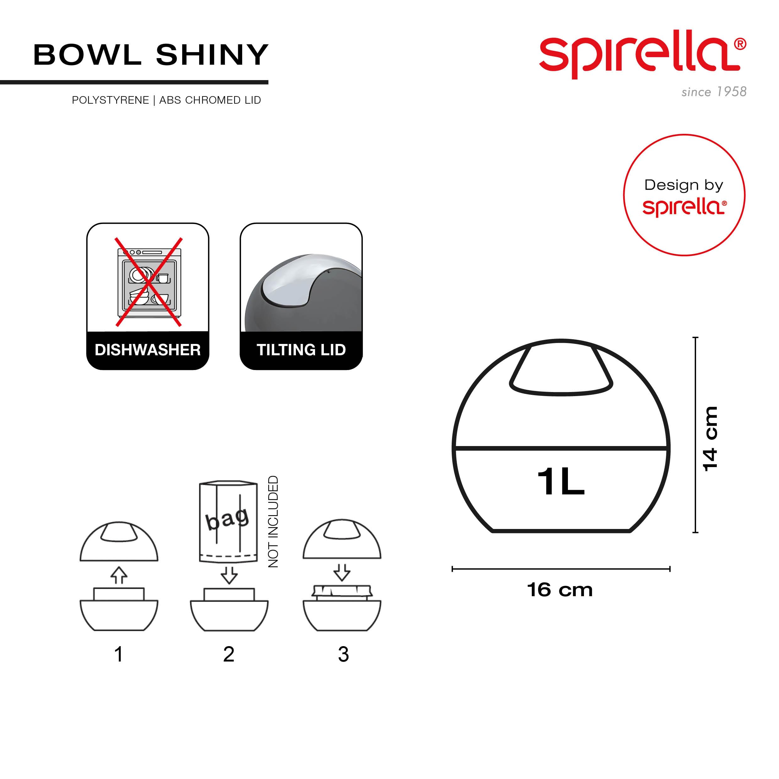 Spirella - Poubelle à Bascule Modèle BOWL - Compacte - Hygiénique et Design Moderne - Facile à utiliser grâce à son couvercle basculant et amovible - 1L - Noir uni