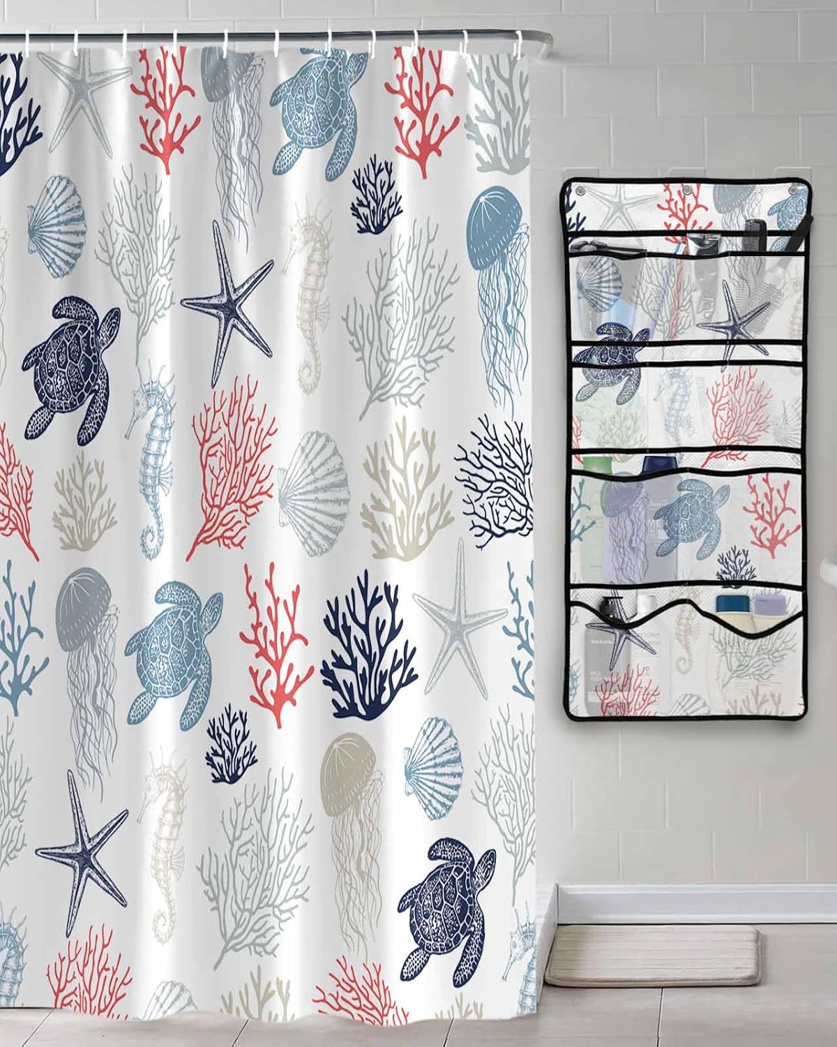 Shower Curtain Mesh Shower Organizer Hanging Set Summer Blue Ocean Sea Turtle Red Coral Sea Waterproof Shower Curtains
