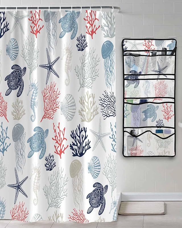 Shower Curtain Mesh Shower Organizer Hanging Set Summer Blue Ocean Sea Turtle Red Coral Sea Waterproof Shower Curtains