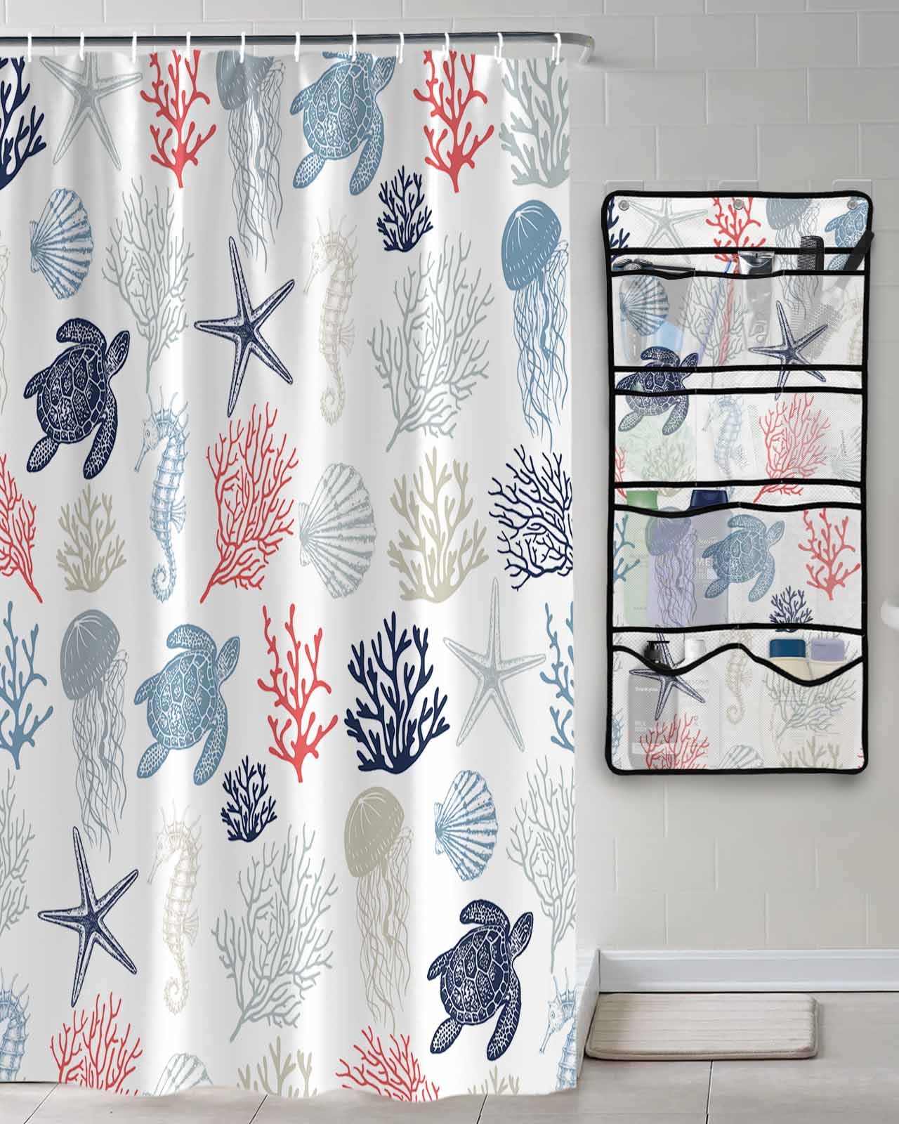 Shower Curtain Mesh Shower Organizer Hanging Set Summer Blue Ocean Sea Turtle Red Coral Sea Waterproof Shower Curtains