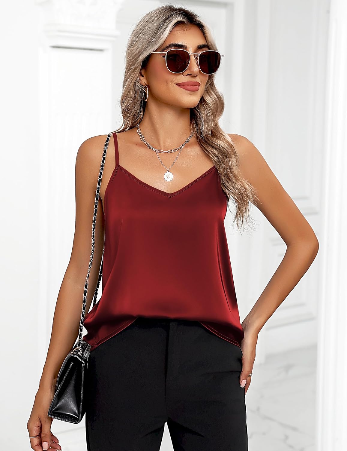 Zeagoo Women's Silk Satin Tank Tops 2026 V Neck Adjustable Spaghetti Strap Sleeveless Camisole Summer Basic Blouse - Image 3