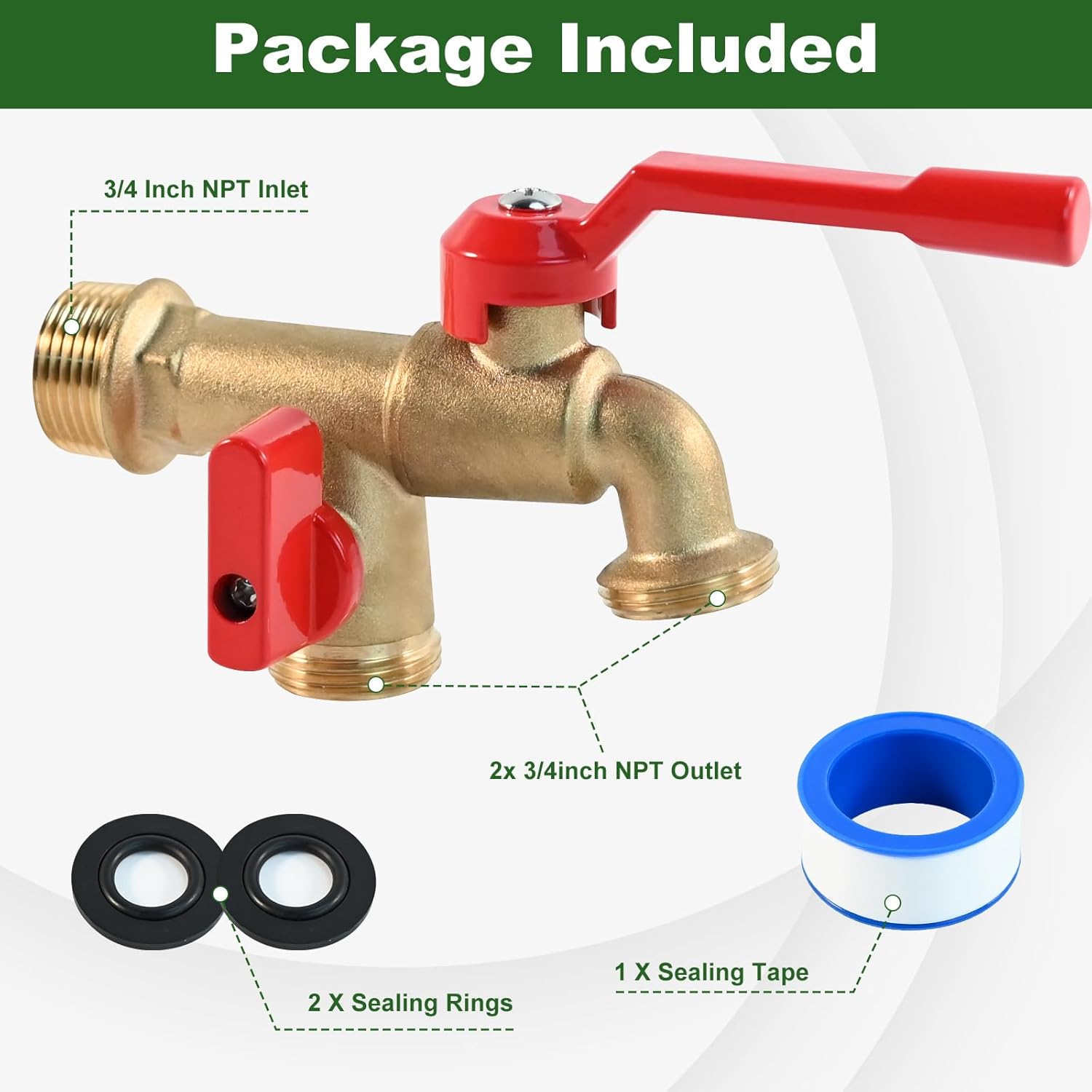 Outdoor Double Taps Water Faucet, Garden Hose Splitter 2 Way, 3/4 inch Wall Mounted Brass Water Tap, Frost-Proof Outside Spigot Replacement with 2 Outlets for Balcony, Lawns, Hose Connector