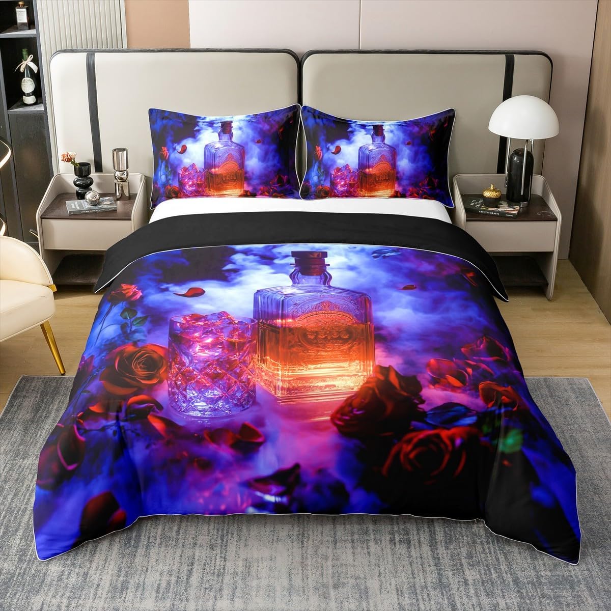 Manfei Whisky Full Size Cotton Duvet Cover,Ice Whisky Glass Bar Smog Psychedelic Quilt Cover(No Filler),Romantic Red Roses Flowers Gothic Comforter Cover for Kids Adults Bedroom