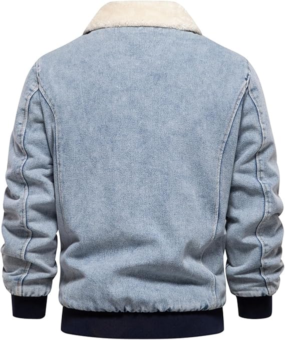 Men's Sherpa-Lined Jean Jacket Long Sleeve Zip Up Denim Jacket Classic Casual Relaxed Fit Coat for Men