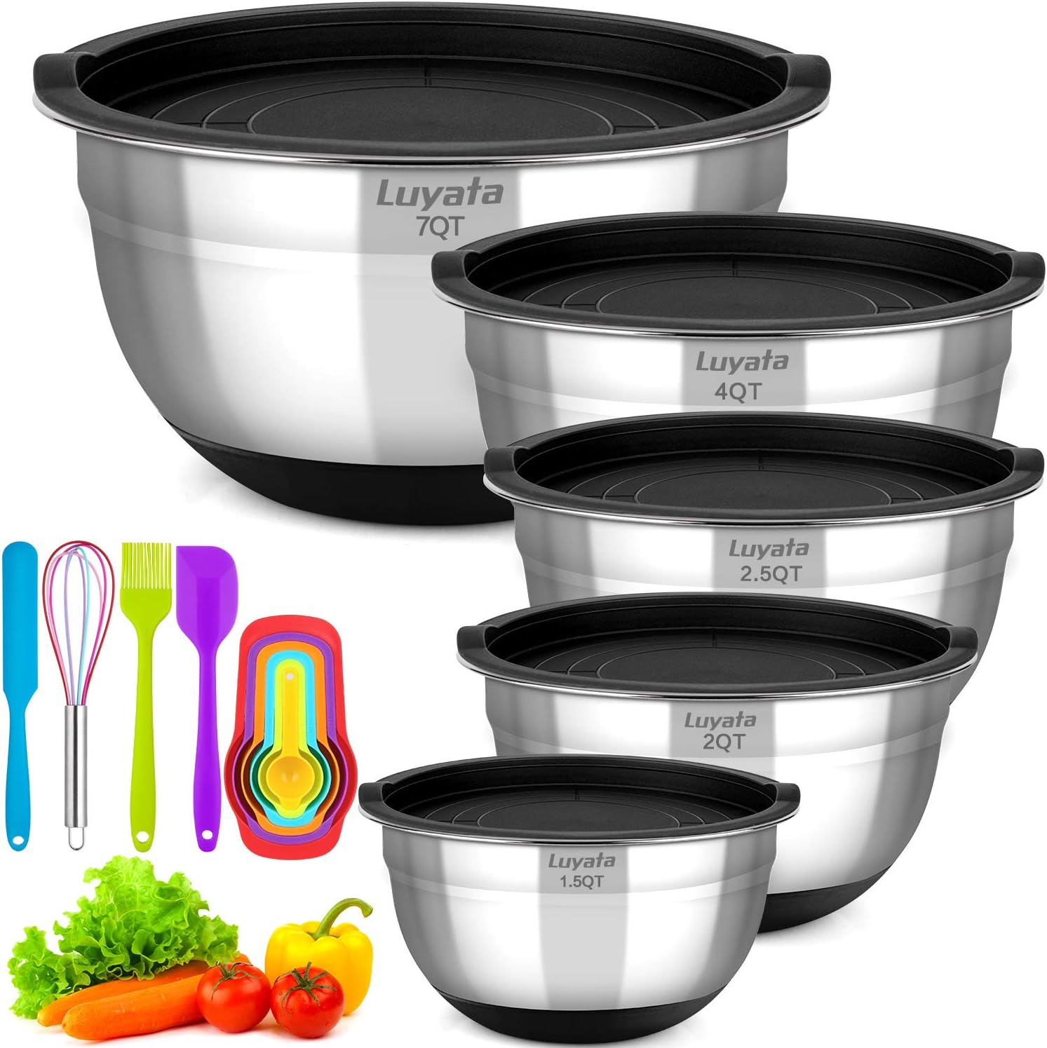 Luyata Mixing Bowls With Airtight Lids, 15PCS Stainless Steel Metal Nesting Mixing Bowl Set - Size 7/4 / 2.5/2 / 1.5 QT Quart With Non-Slip Silicone Bottom for Mixing, Baking, Serving