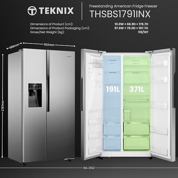 Teknix THSBS1791PLUX American Side by Side Door Fridge Freezer - 562L Capacity - Plumbed Water Dispenser - Frost Free - Stainless Steel, H178.7 x W91.0 x D69.0 (cm) [Energy Class E]