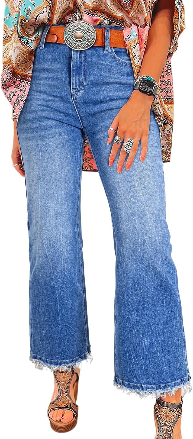 Astylish Womens High Waisted Jeans Stretchy Flared Straight Leg Loose Trendy Raw Hem Denim Pants